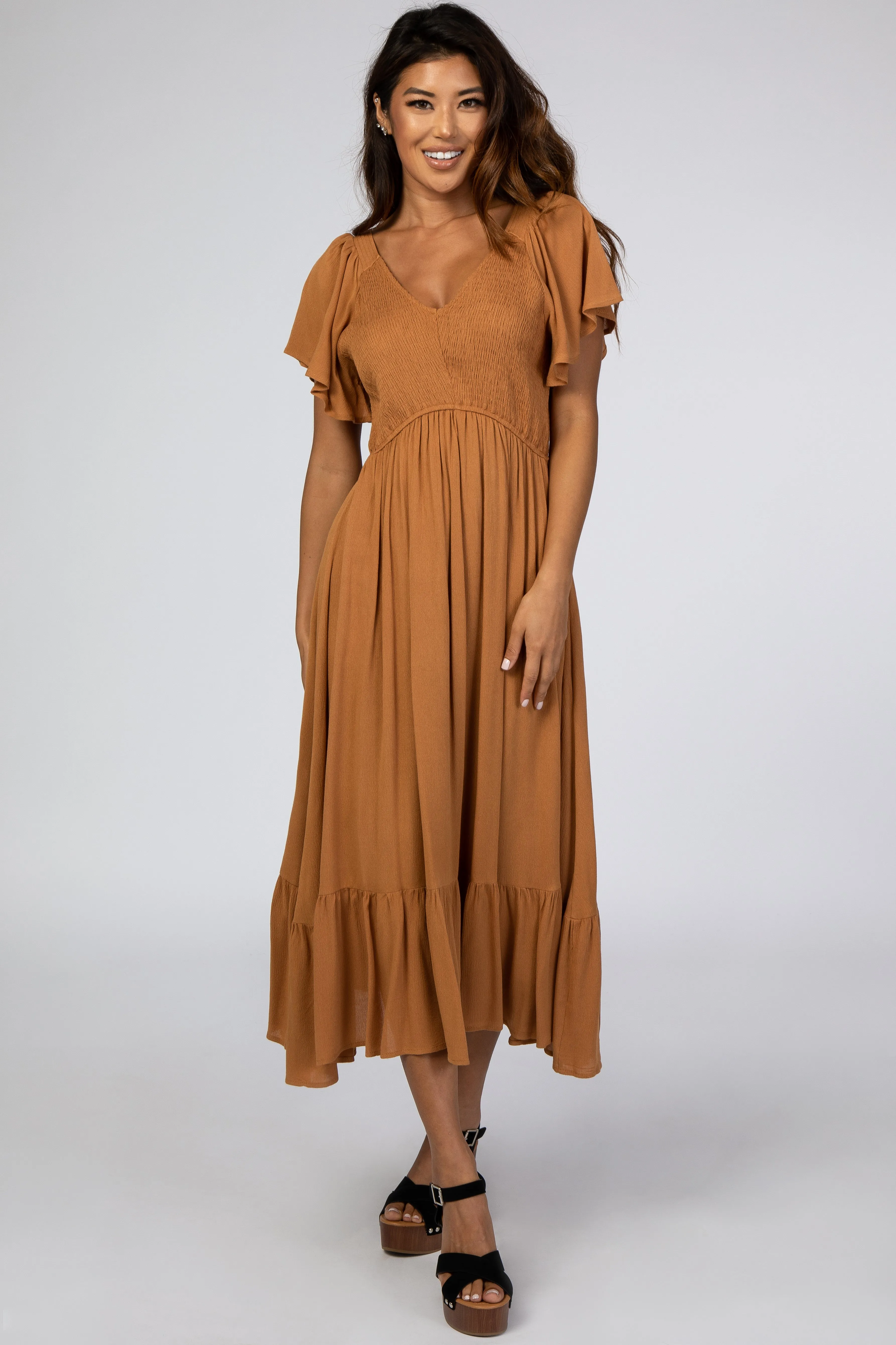 Camel Smocked V-Neck Midi Dress sold by Pinkblush