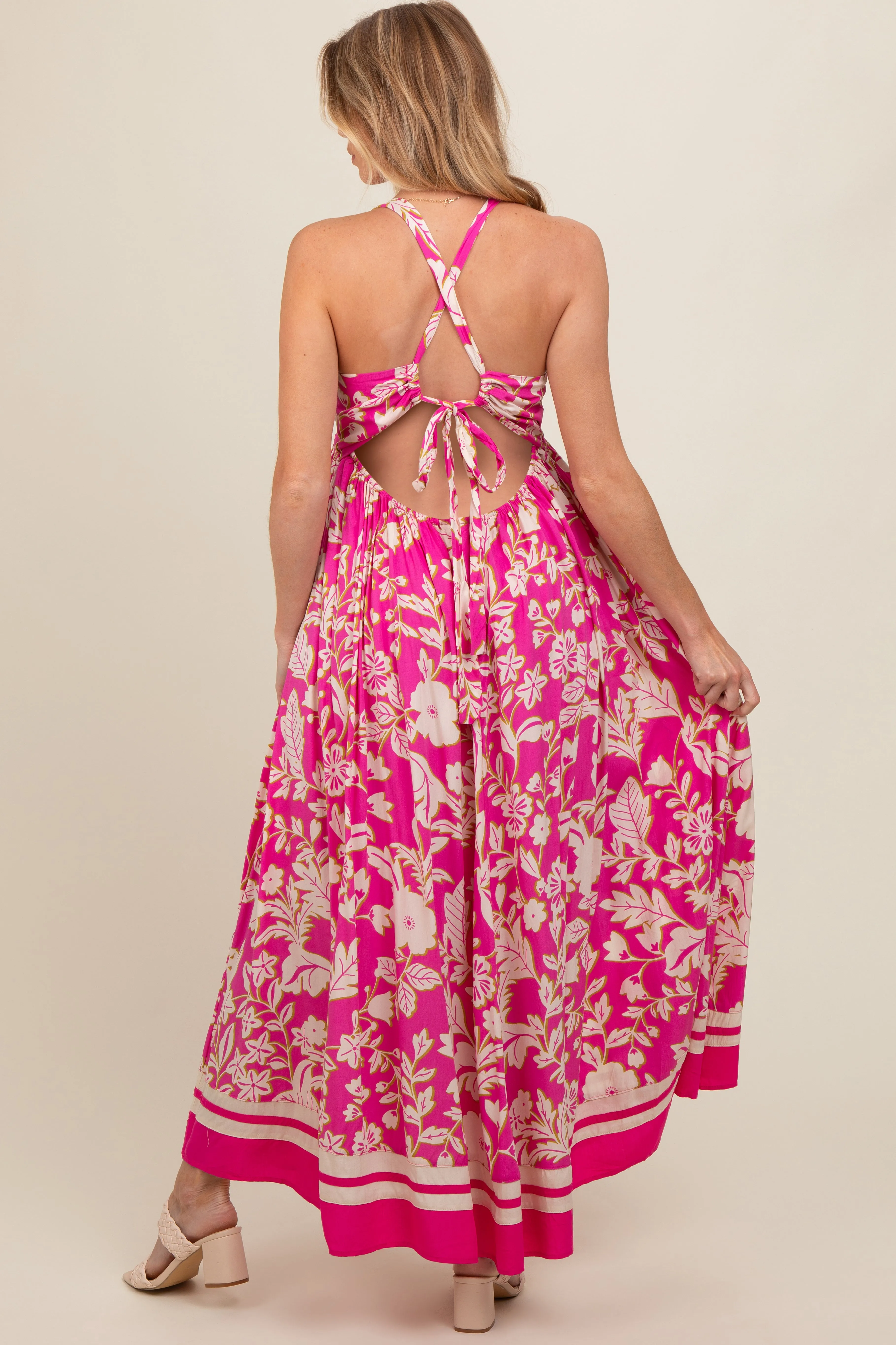 Fuchsia Floral Cutout Back Tie Maternity Maxi Dress sold by Pinkblush product image thumbnail 4