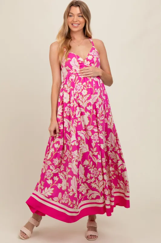 Fuchsia Floral Cutout Back Tie Maternity Maxi Dress sold by Pinkblush