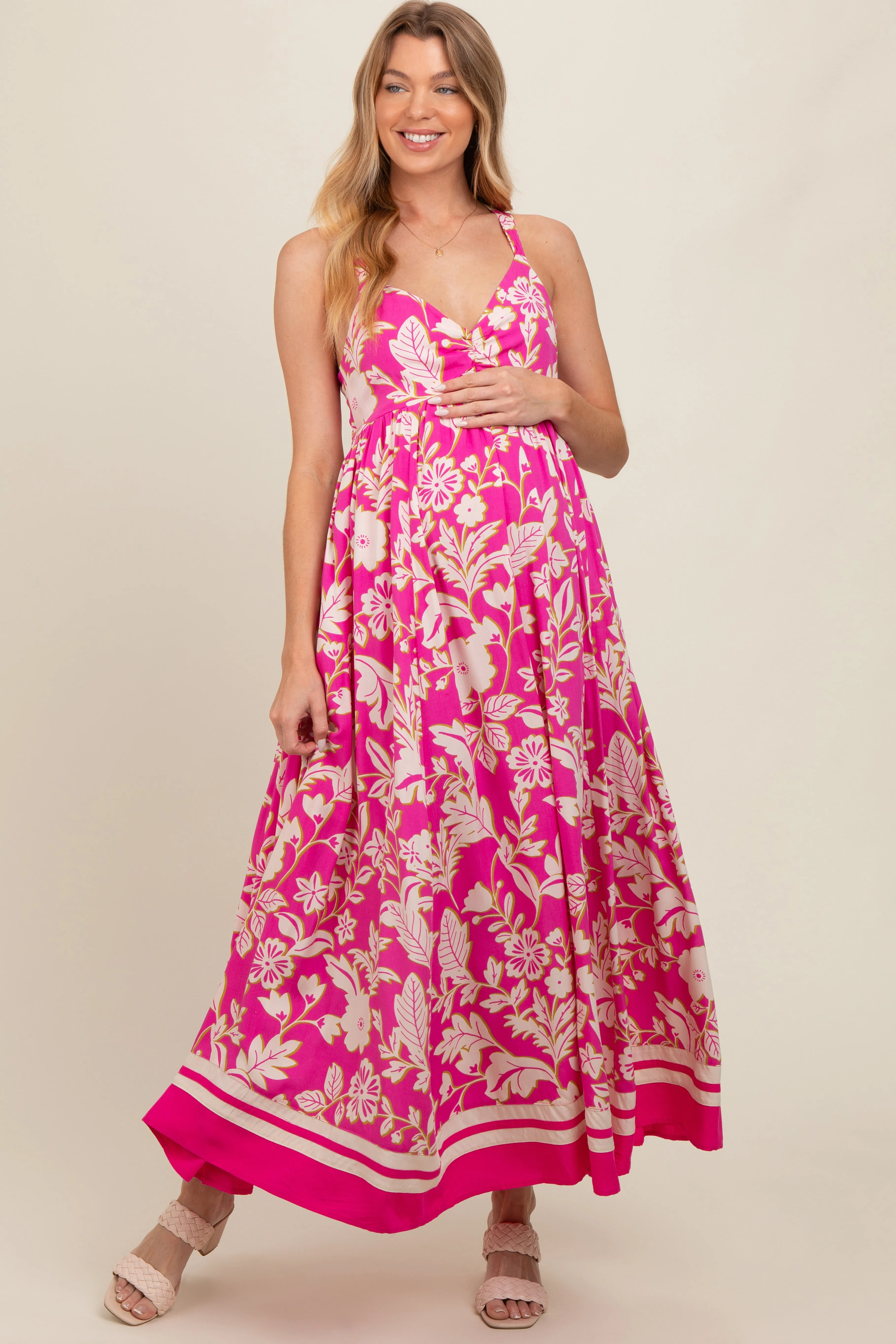 Fuchsia Floral Cutout Back Tie Maternity Maxi Dress sold by Pinkblush