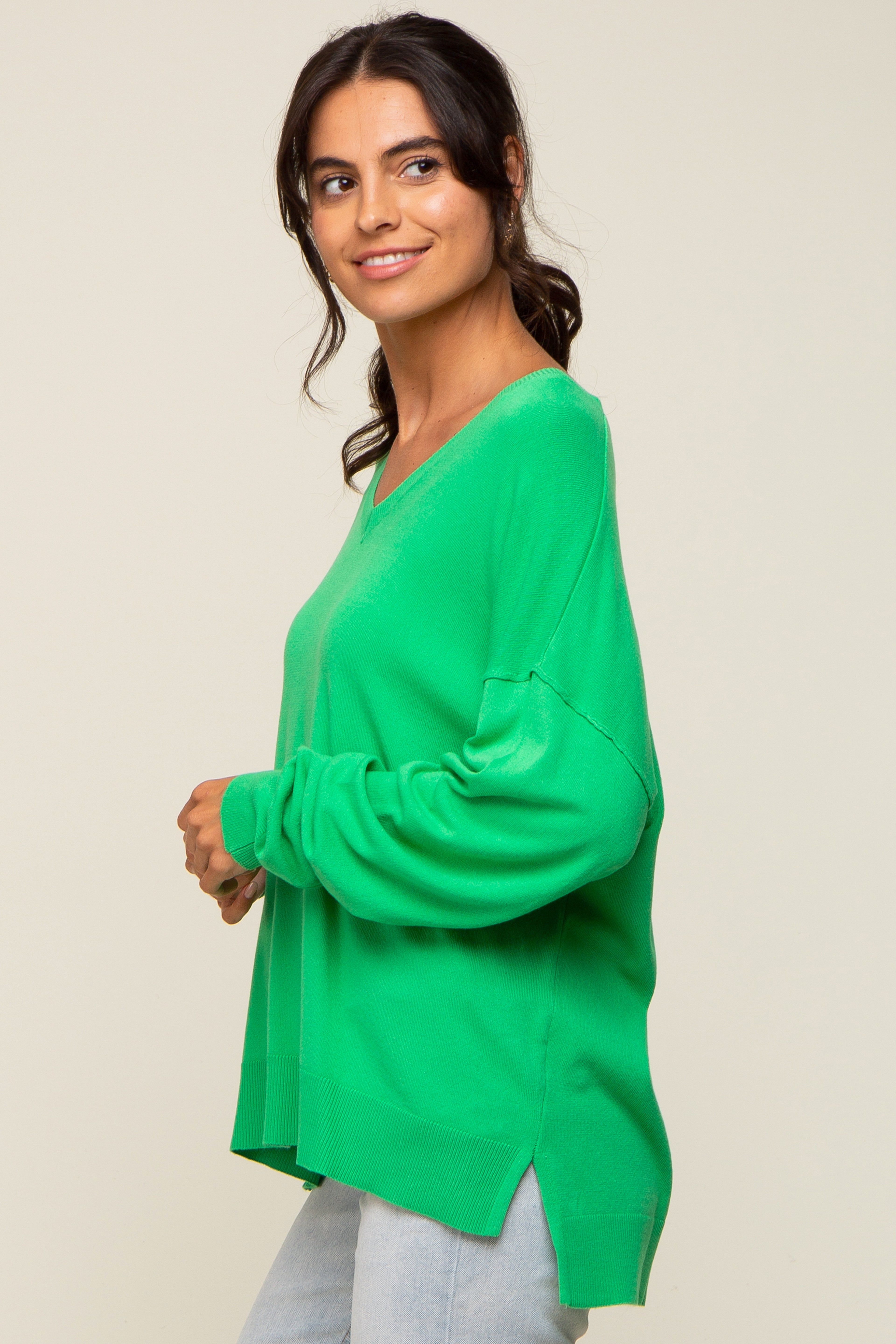 Green Knit V-Neck Long Sleeve Top sold by Pinkblush product image thumbnail 2