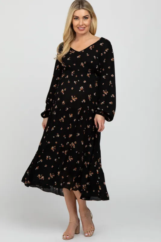Black Floral Tiered Maternity Midi Dress sold by Pinkblush