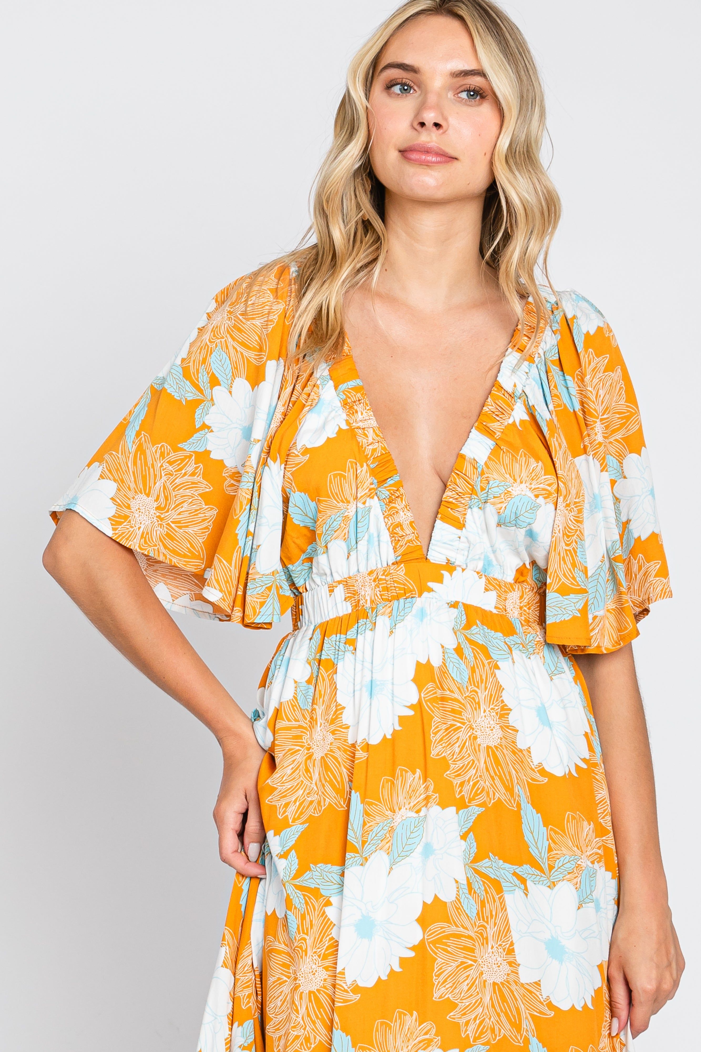 Orange Floral Deep V-Neck Maxi Dress sold by Pinkblush product image thumbnail 5