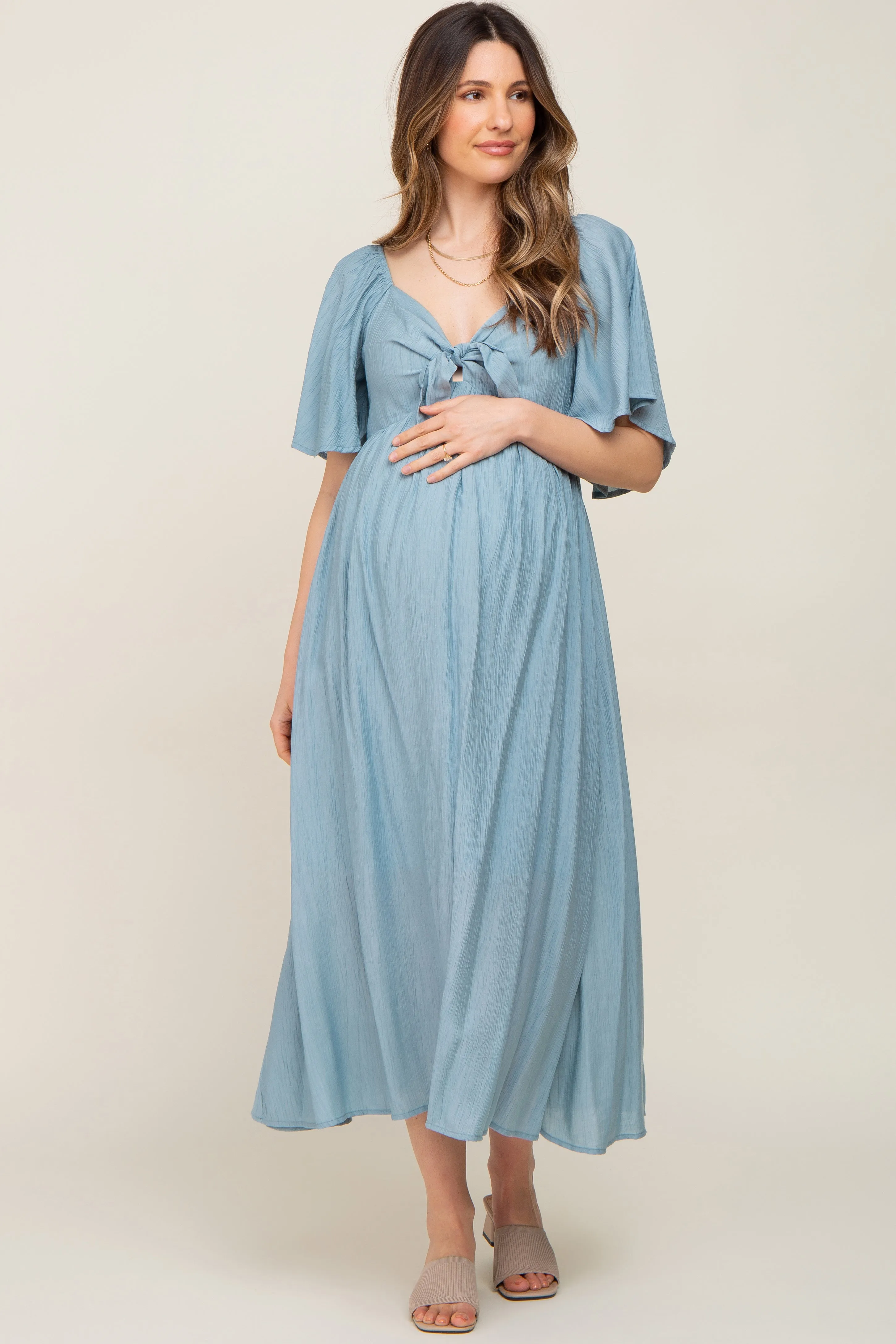 Blue Front Tie Ruffle Sleeve Maternity Midi Dress sold by Pinkblush product image thumbnail 4