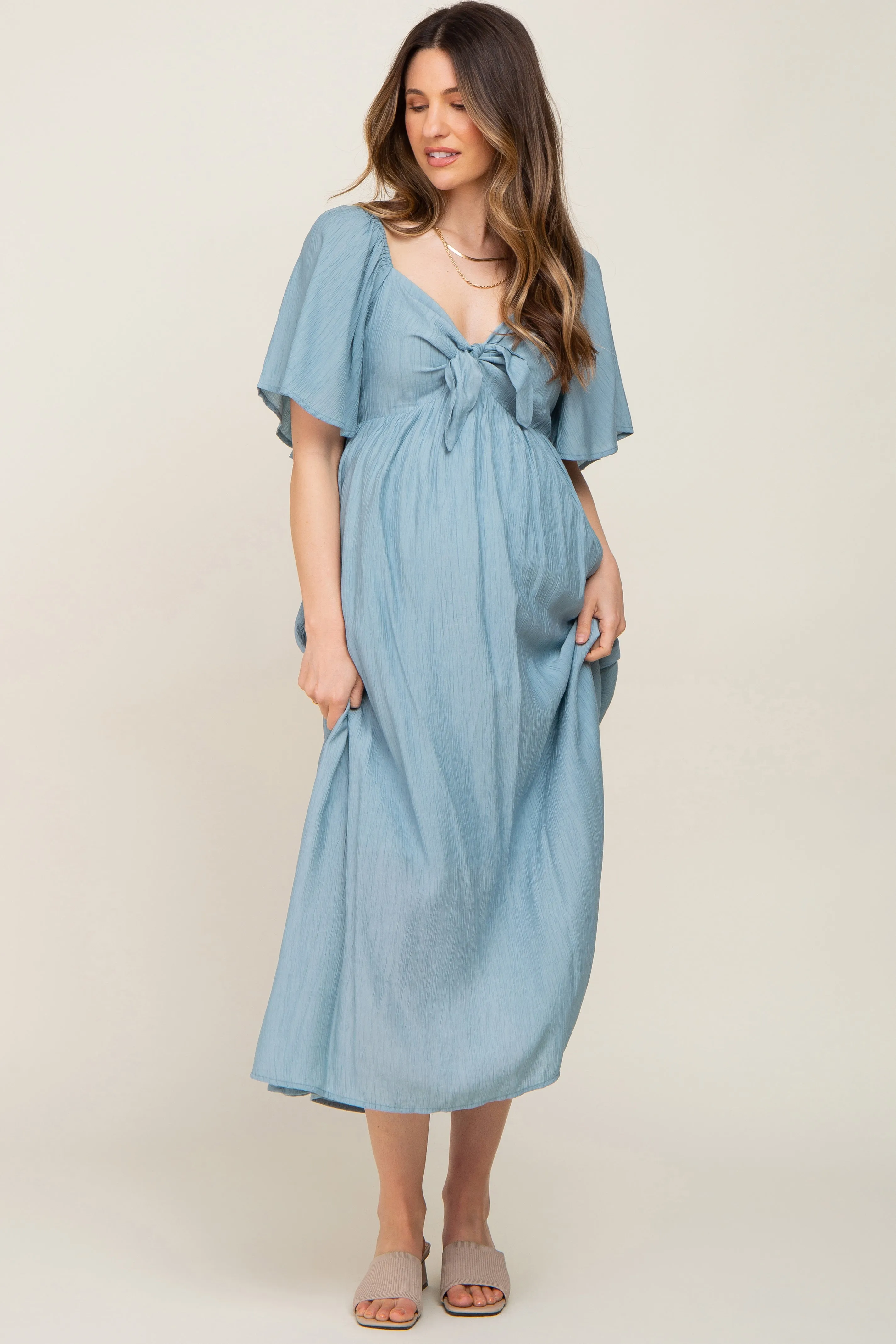Blue Front Tie Ruffle Sleeve Maternity Midi Dress sold by Pinkblush