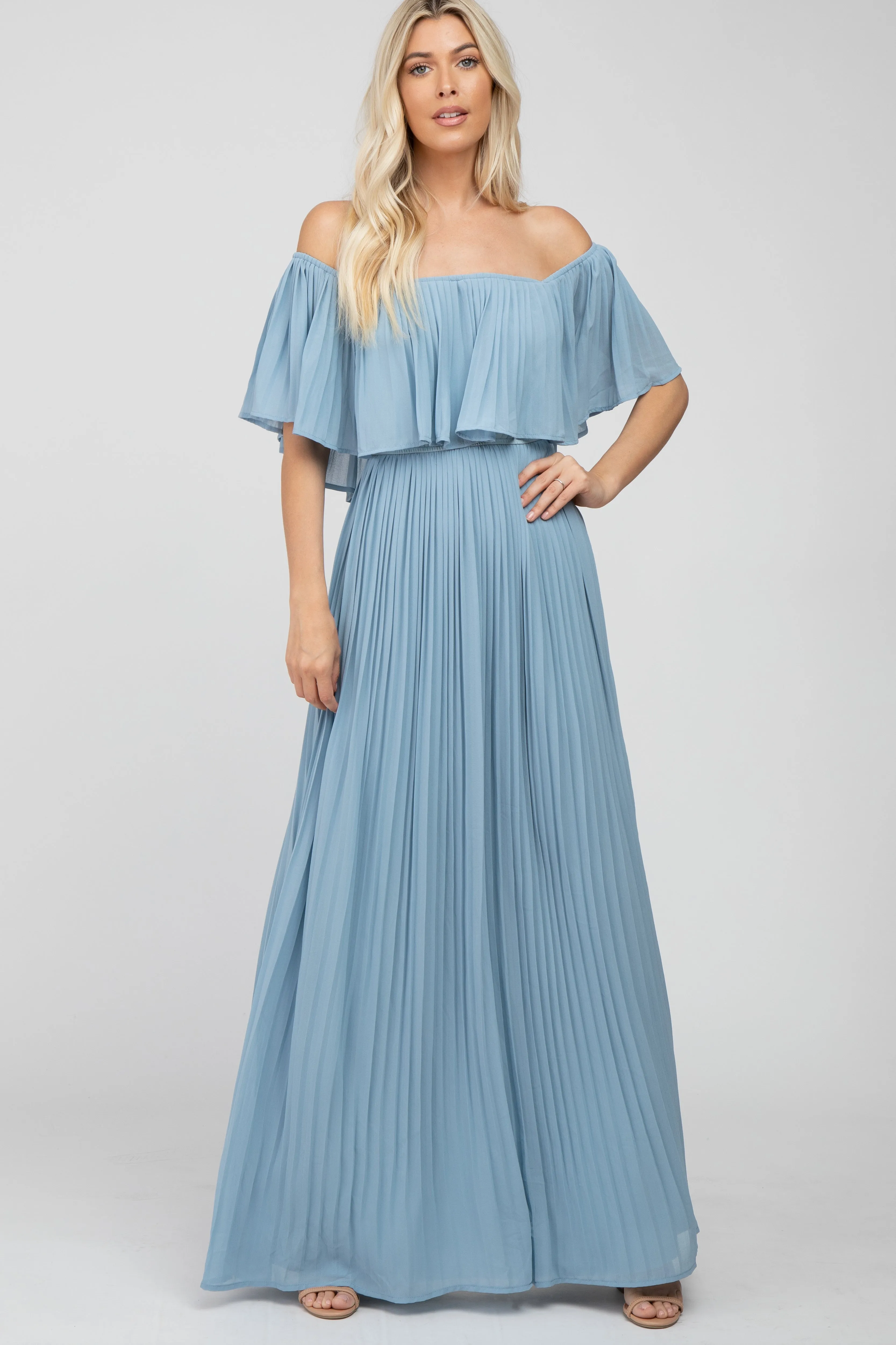 Light Blue Chiffon Pleated Off Shoulder Maternity Maxi Dress sold by Pinkblush product image thumbnail 4