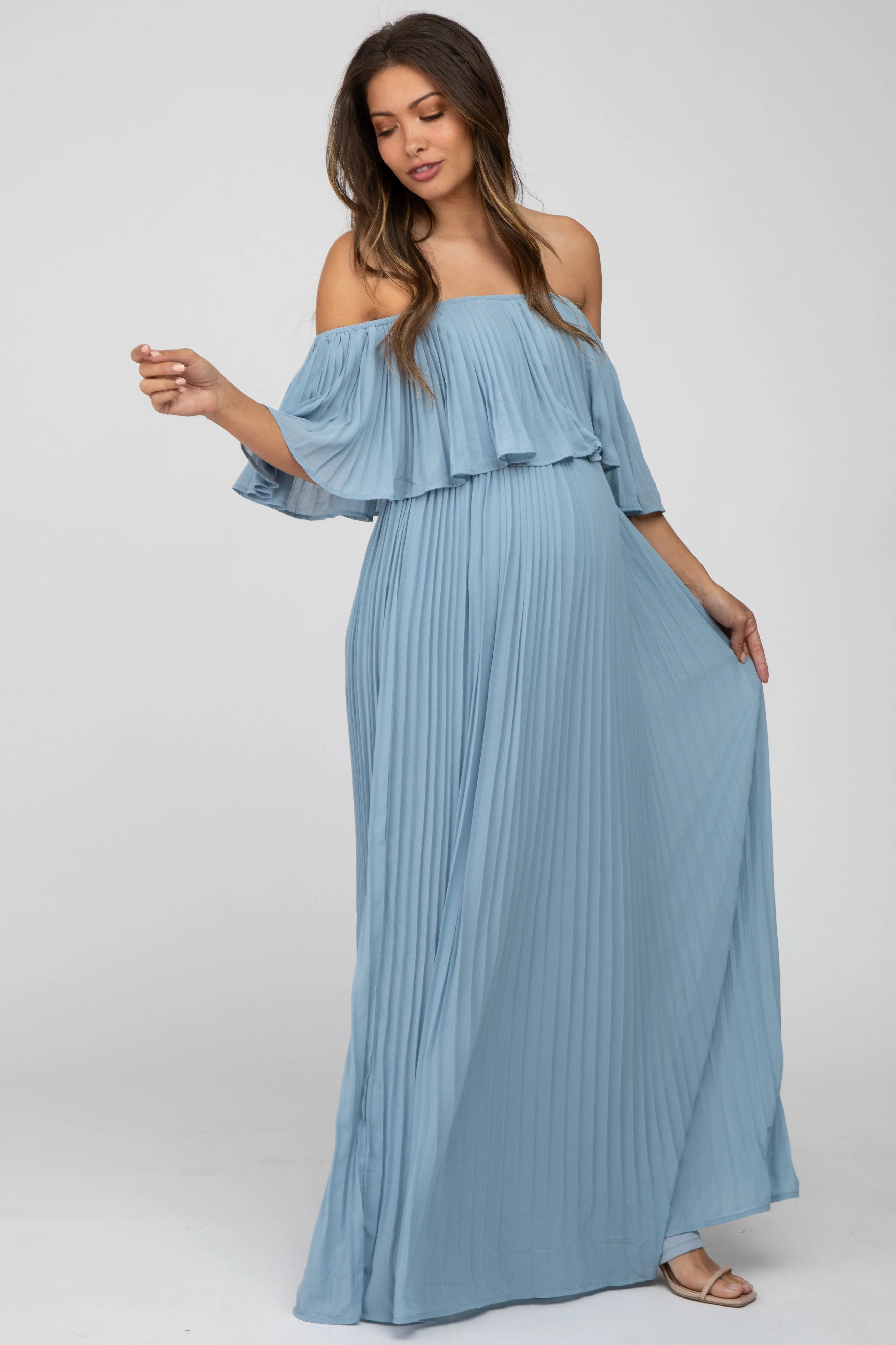 Light Blue Chiffon Pleated Off Shoulder Maternity Maxi Dress sold by Pinkblush