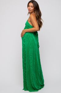 Green Plisse Halter Back Tie Maternity Maxi Dress sold by Pinkblush