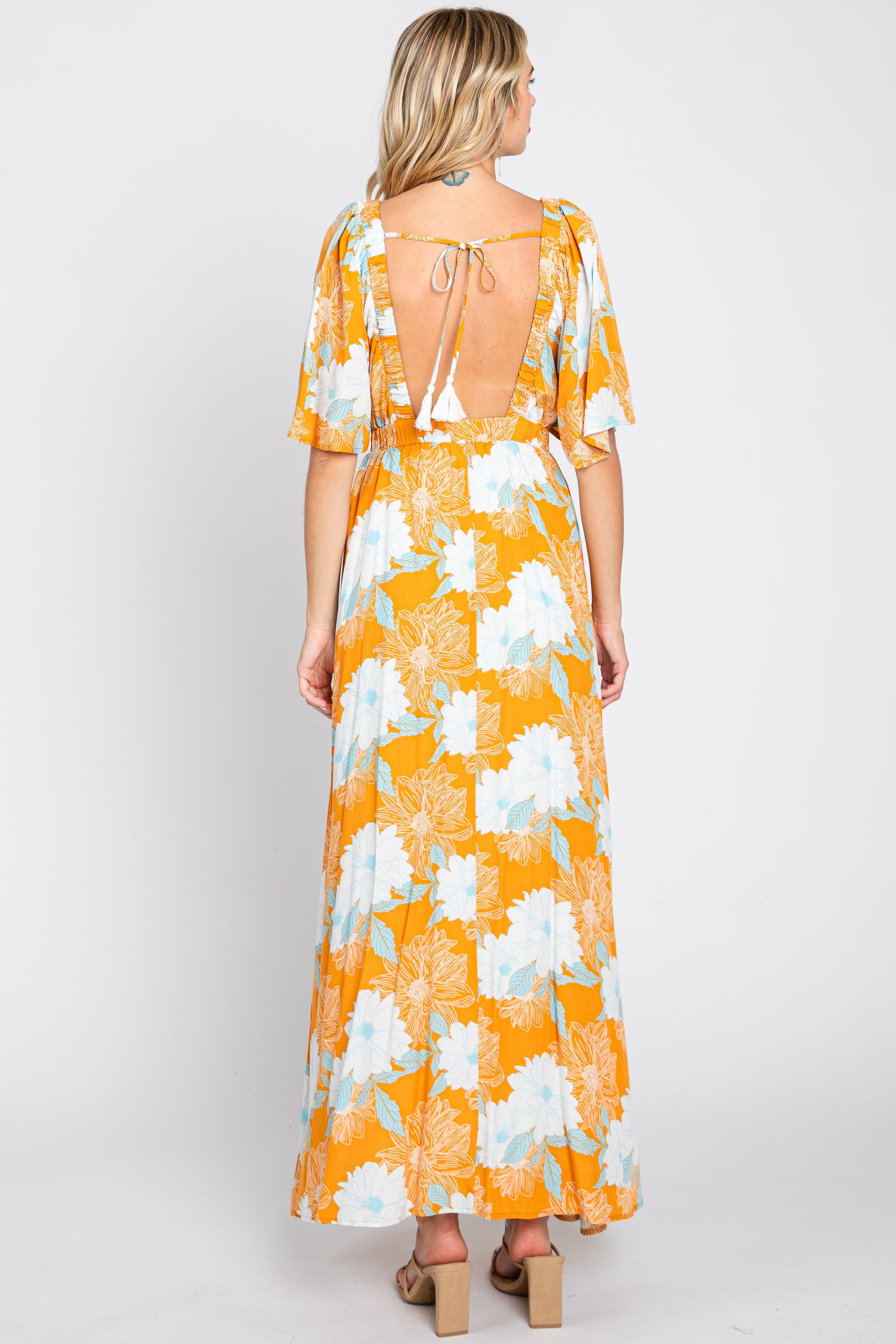 Orange Floral Deep V-Neck Maxi Dress sold by Pinkblush product image thumbnail 3