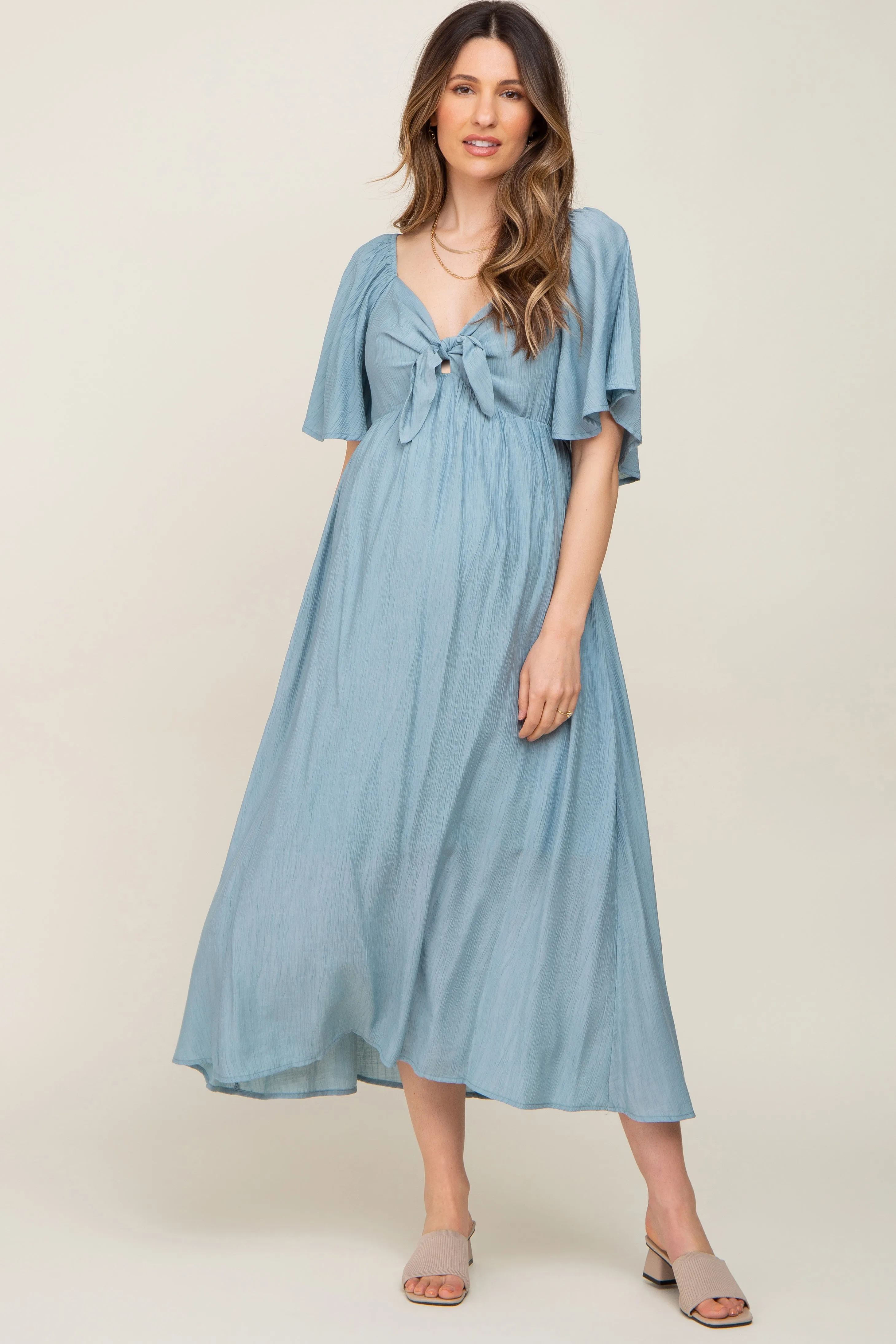 Blue Front Tie Ruffle Sleeve Maternity Midi Dress sold by Pinkblush product image thumbnail 5