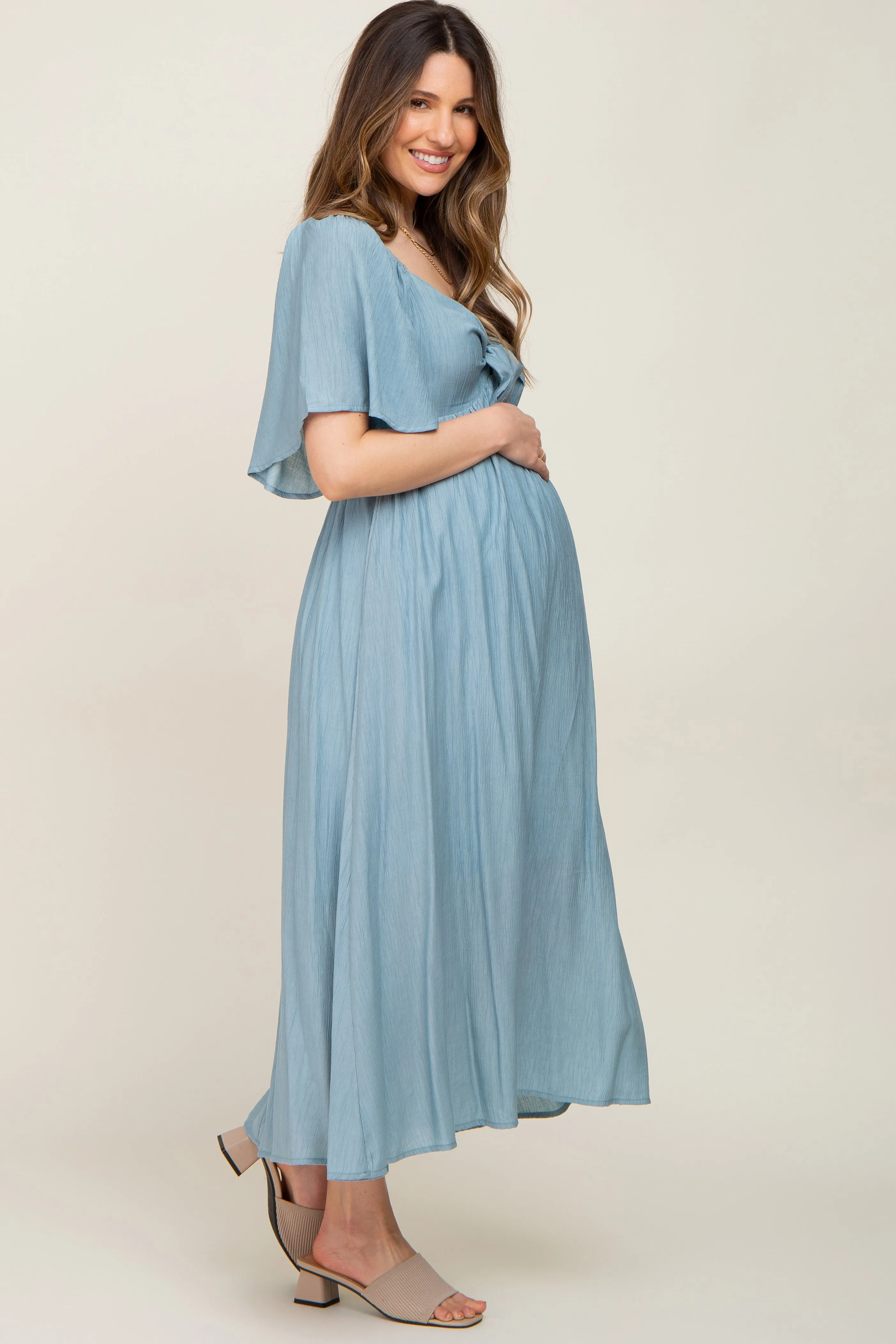 Blue Front Tie Ruffle Sleeve Maternity Midi Dress sold by Pinkblush product image thumbnail 2