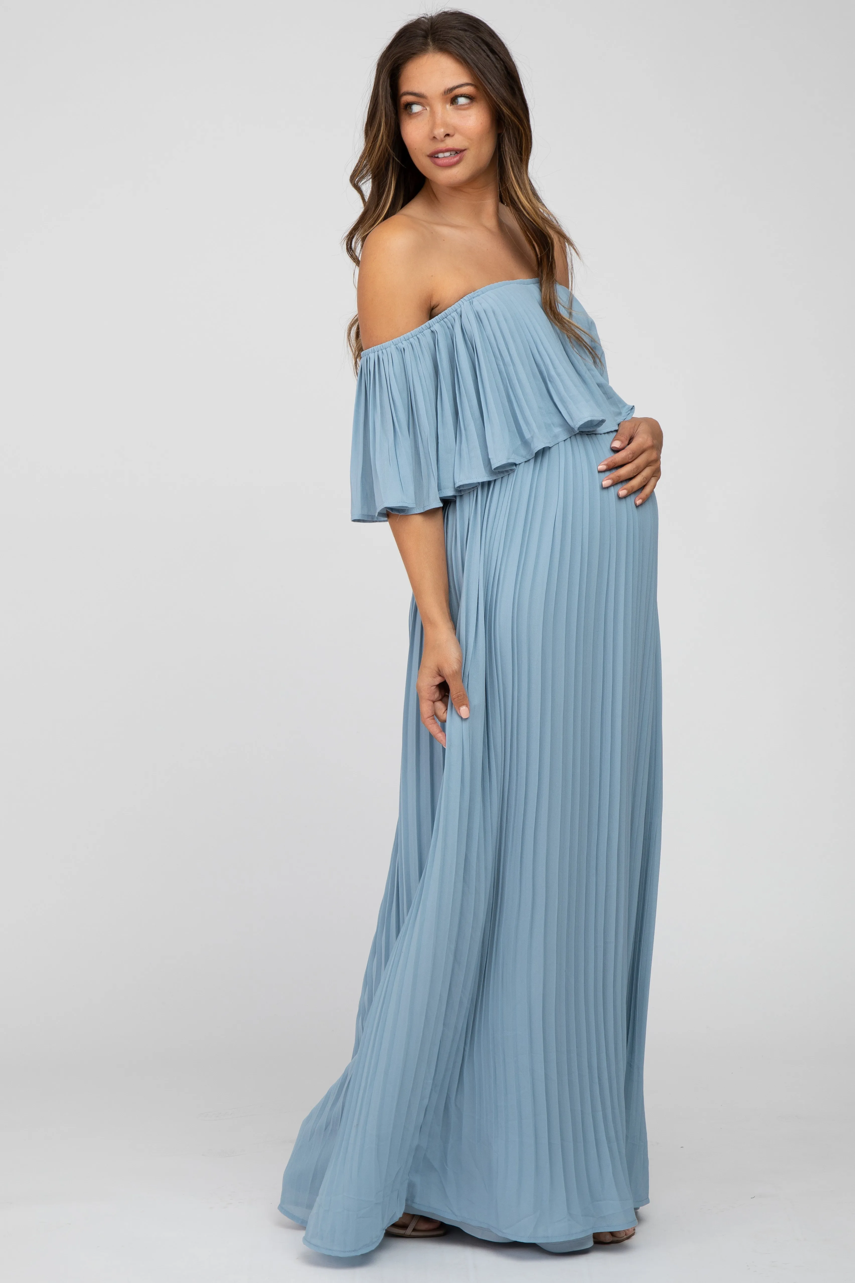 Light Blue Chiffon Pleated Off Shoulder Maternity Maxi Dress sold by Pinkblush product image thumbnail 2