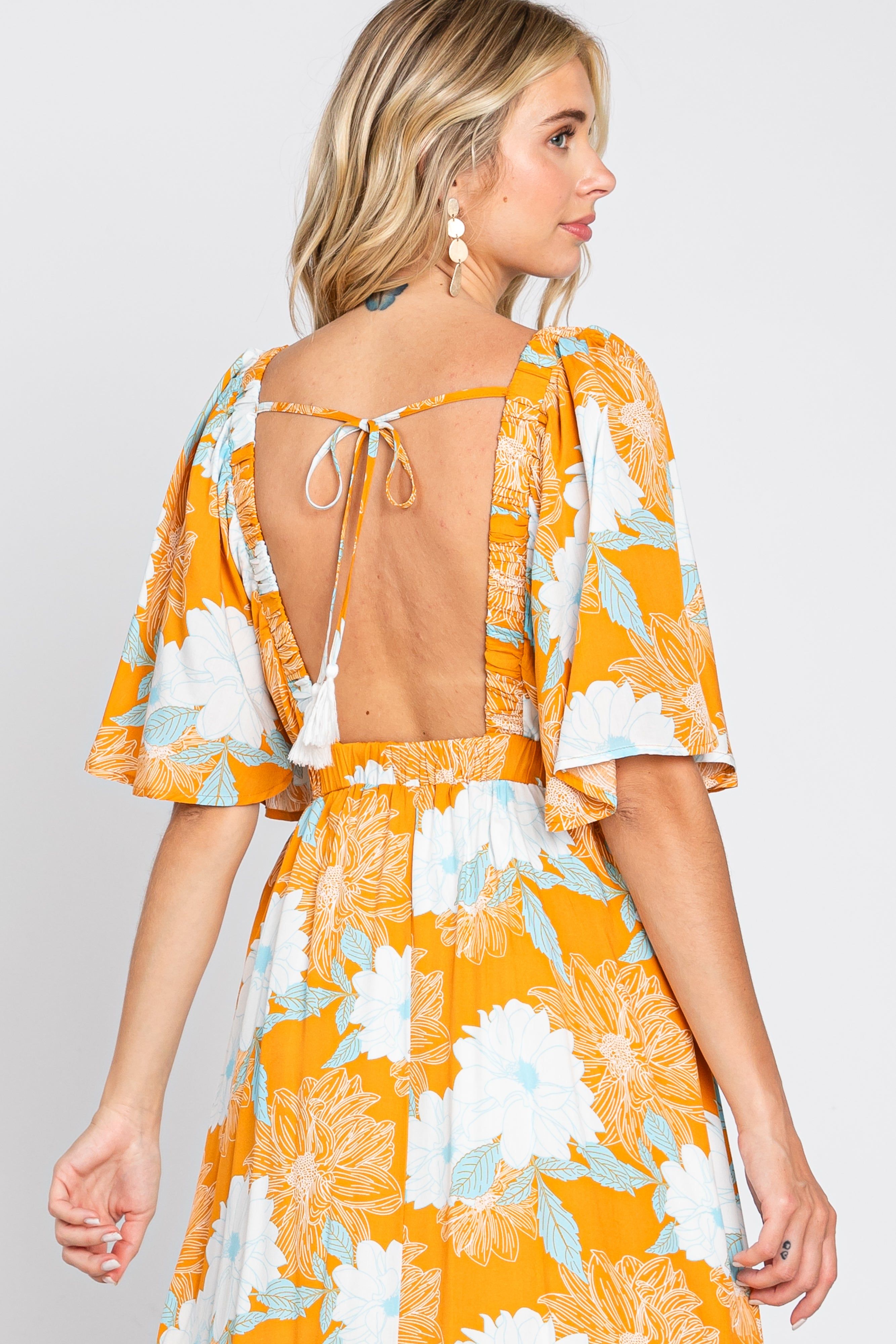 Orange Floral Deep V-Neck Maxi Dress sold by Pinkblush product image thumbnail 4