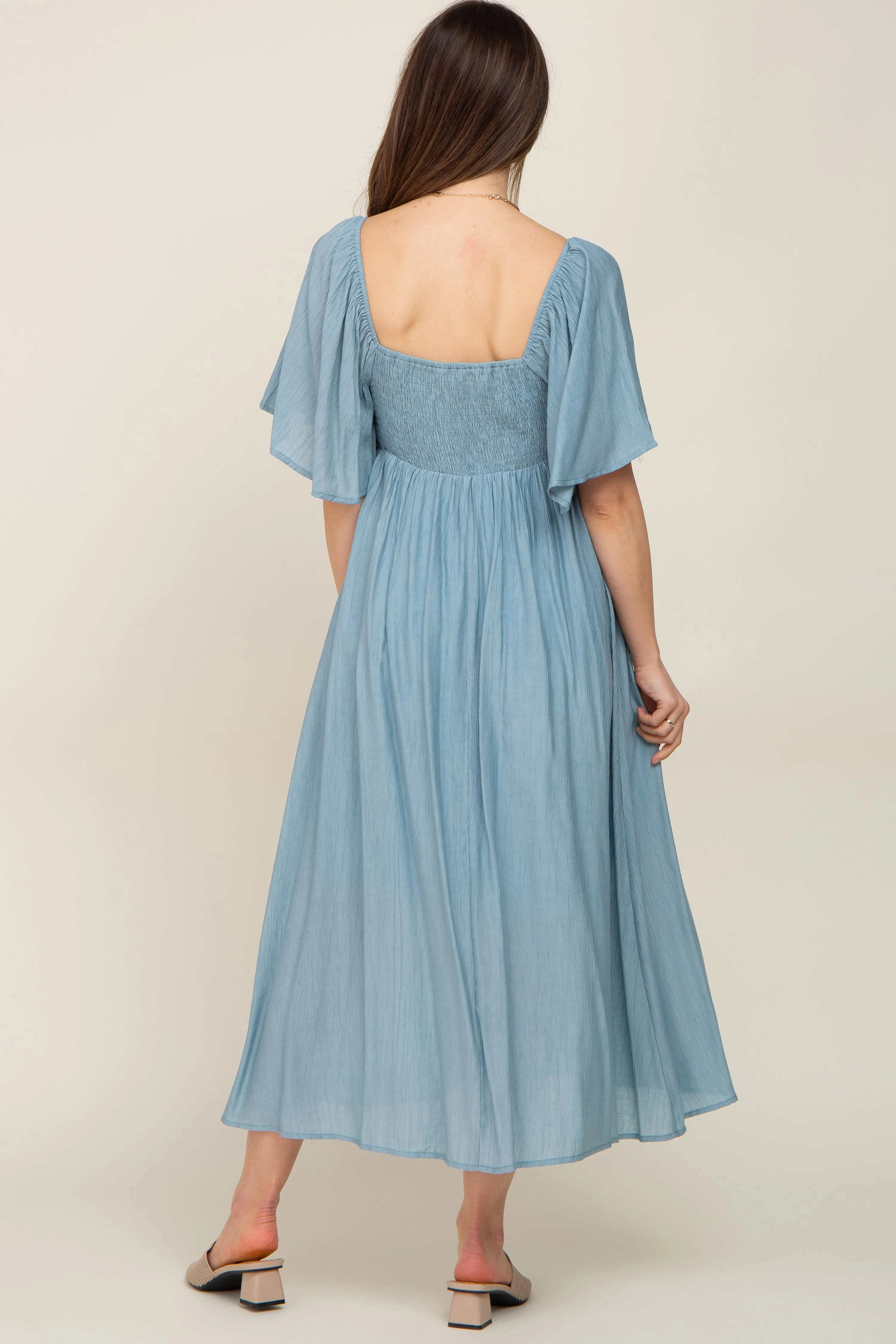 Blue Front Tie Ruffle Sleeve Maternity Midi Dress sold by Pinkblush product image thumbnail 3