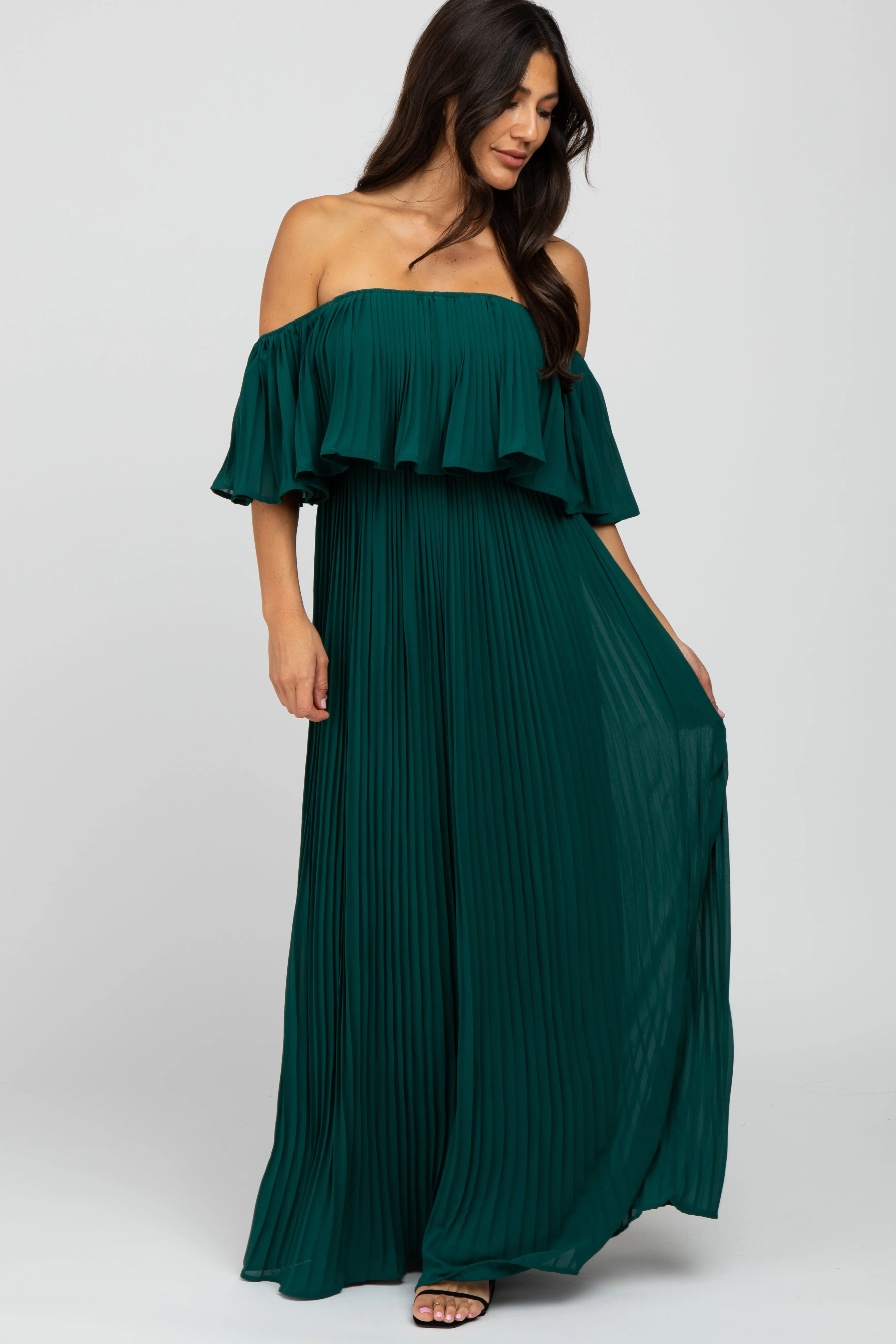 Forest Green Chiffon Pleated Off Shoulder Maxi Dress sold by Pinkblush
