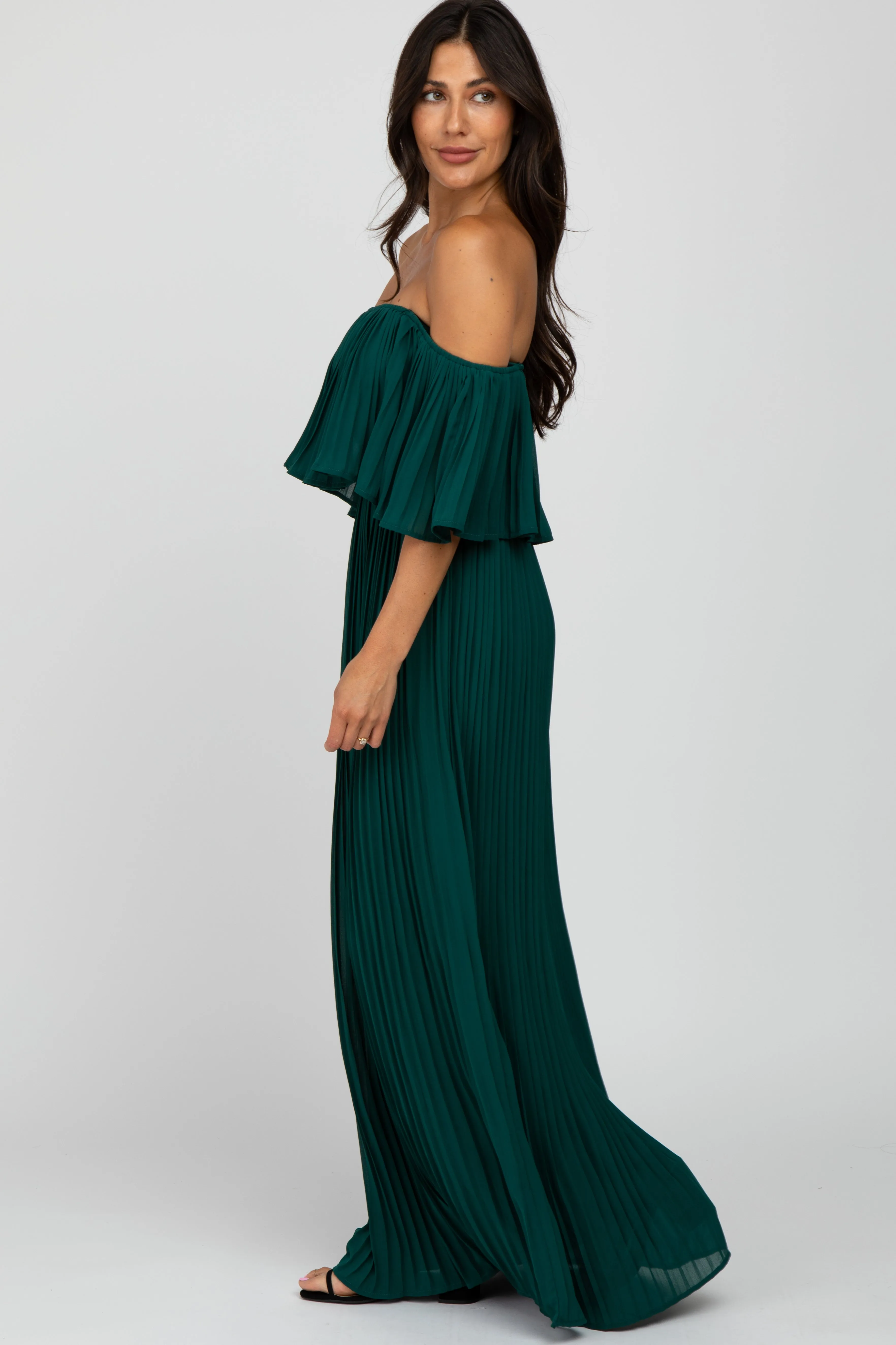 Forest Green Chiffon Pleated Off Shoulder Maxi Dress sold by Pinkblush product image thumbnail 2