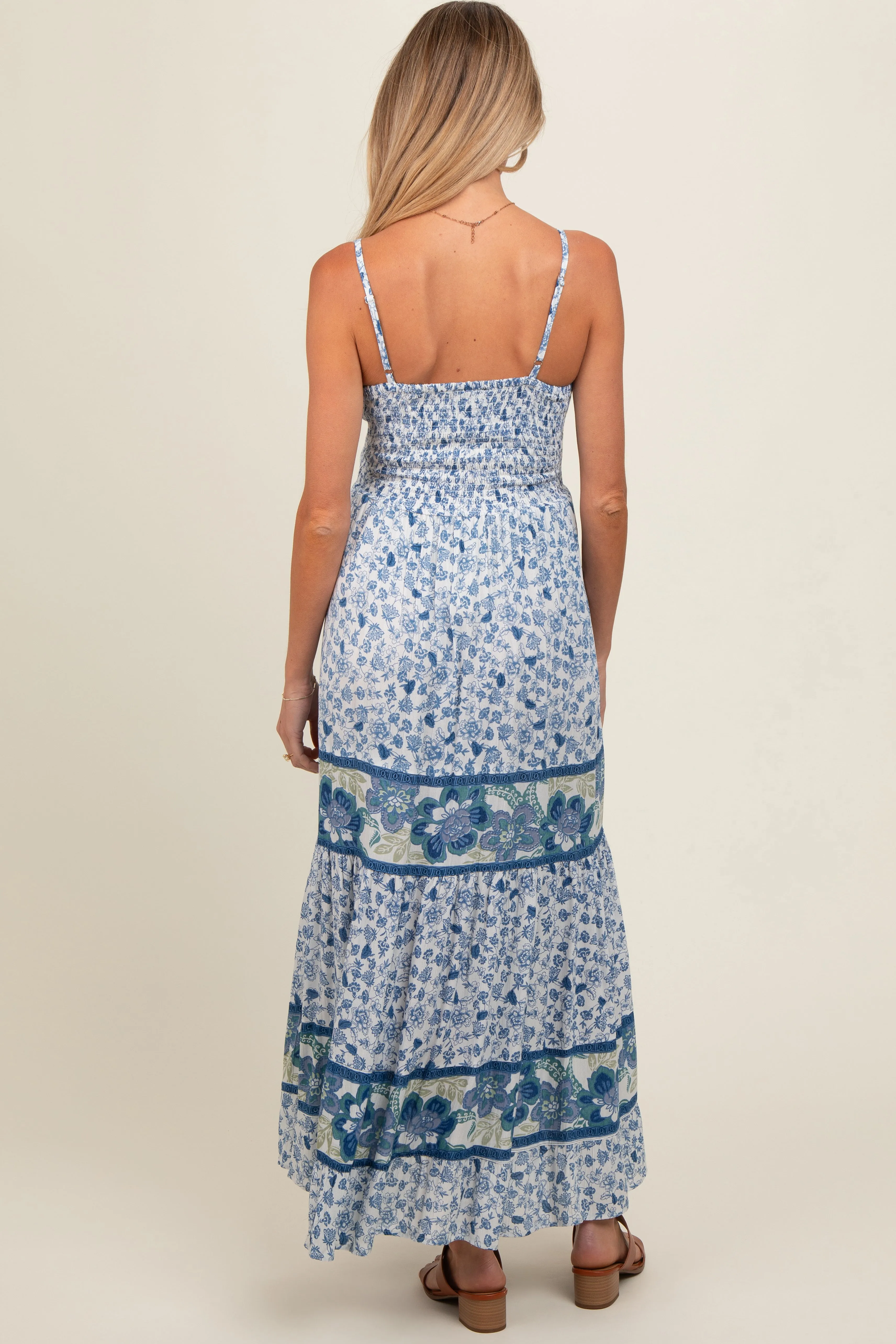 Blue Floral Front Twist Tiered Maternity Midi Dress sold by Pinkblush product image thumbnail 4
