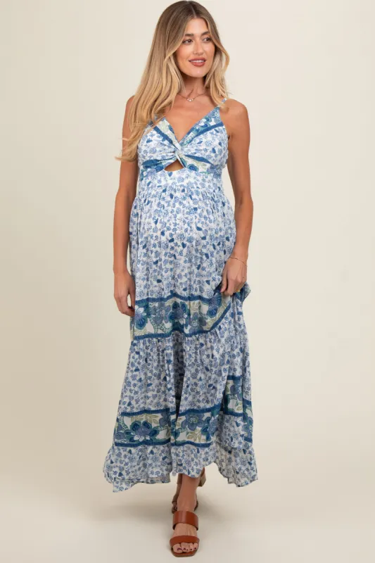 Blue Floral Front Twist Tiered Maternity Midi Dress sold by Pinkblush