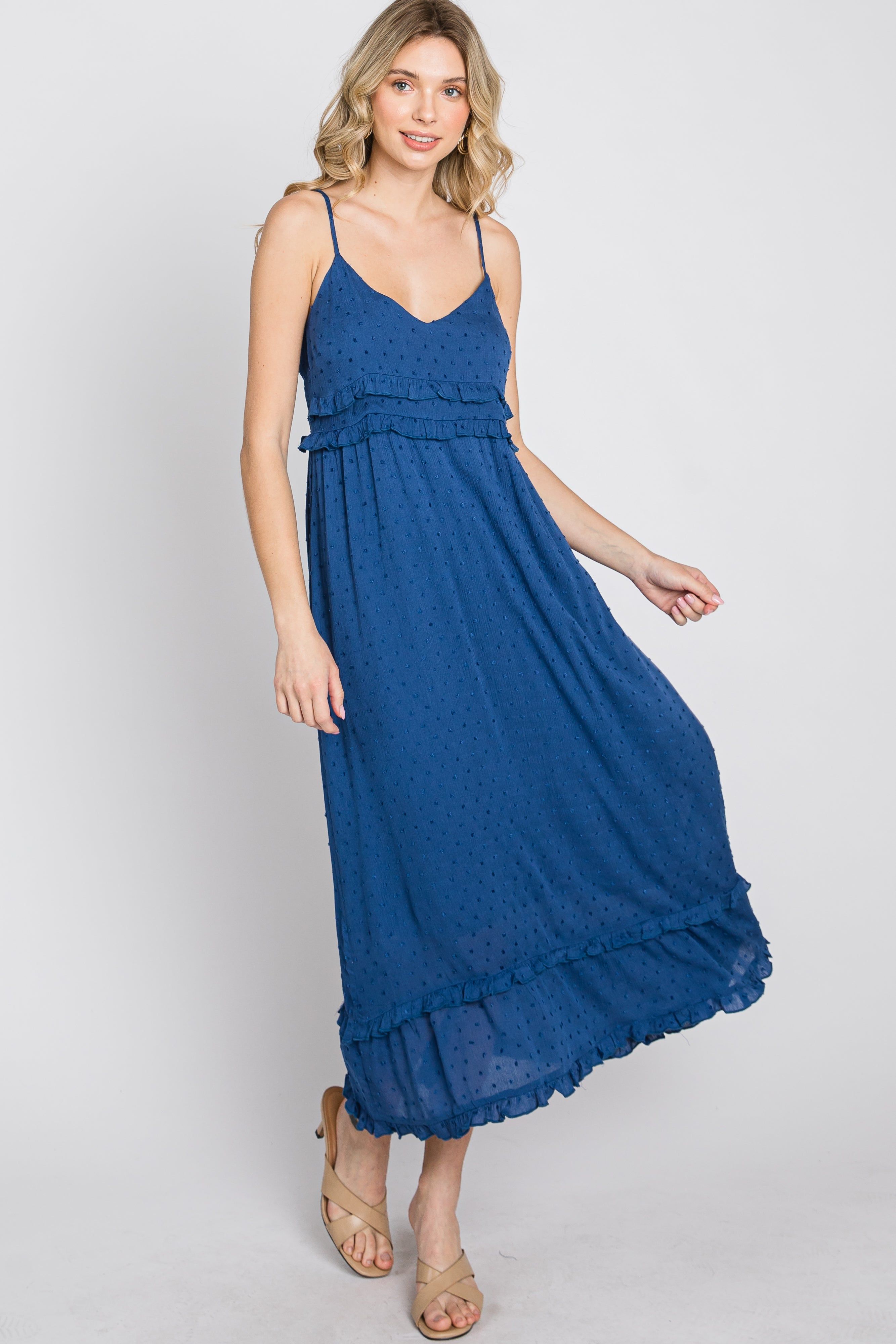 Navy Swiss Dot Ruffle Accent Maxi Dress sold by Pinkblush product image thumbnail 11