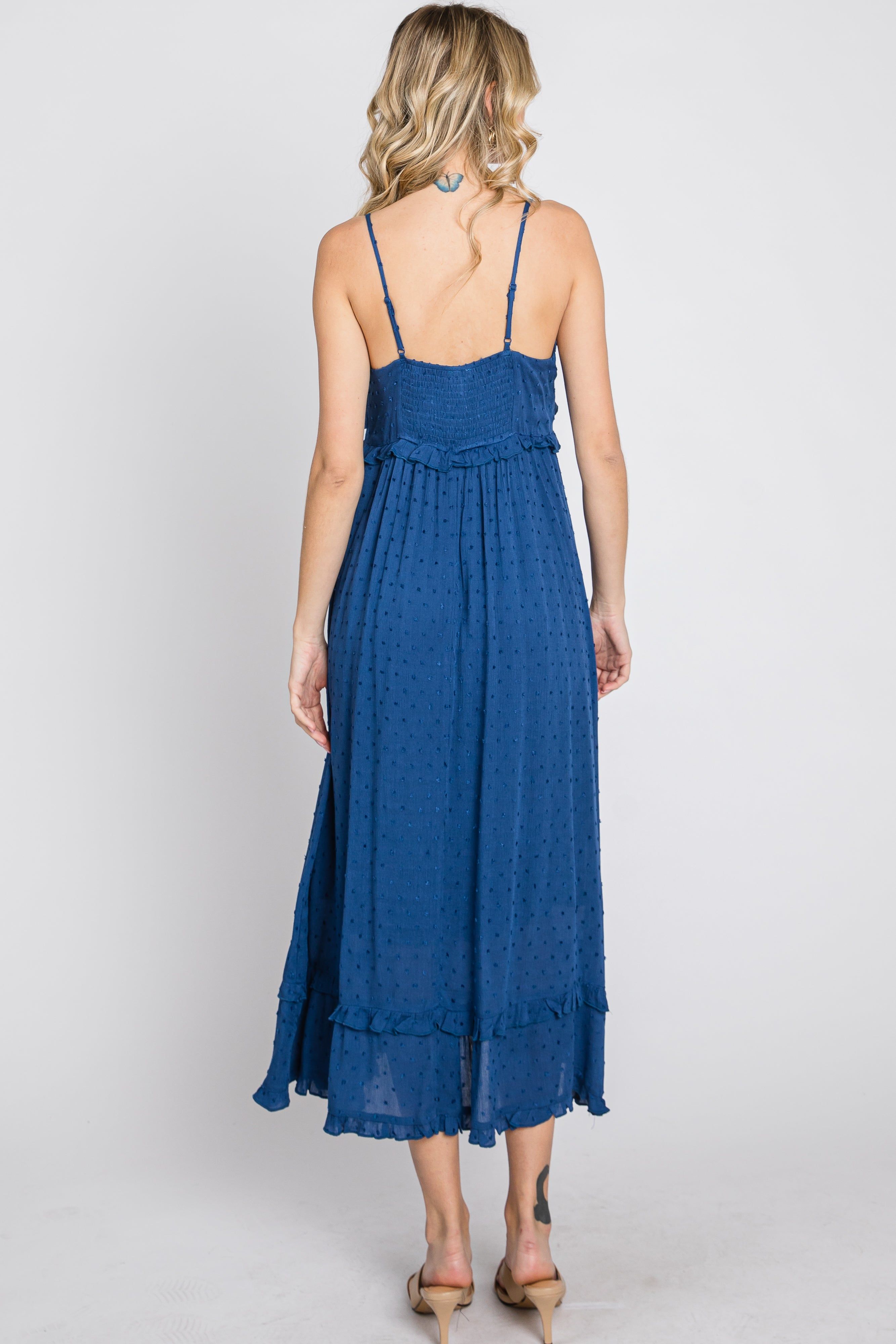 Navy Swiss Dot Ruffle Accent Maxi Dress sold by Pinkblush product image thumbnail 8
