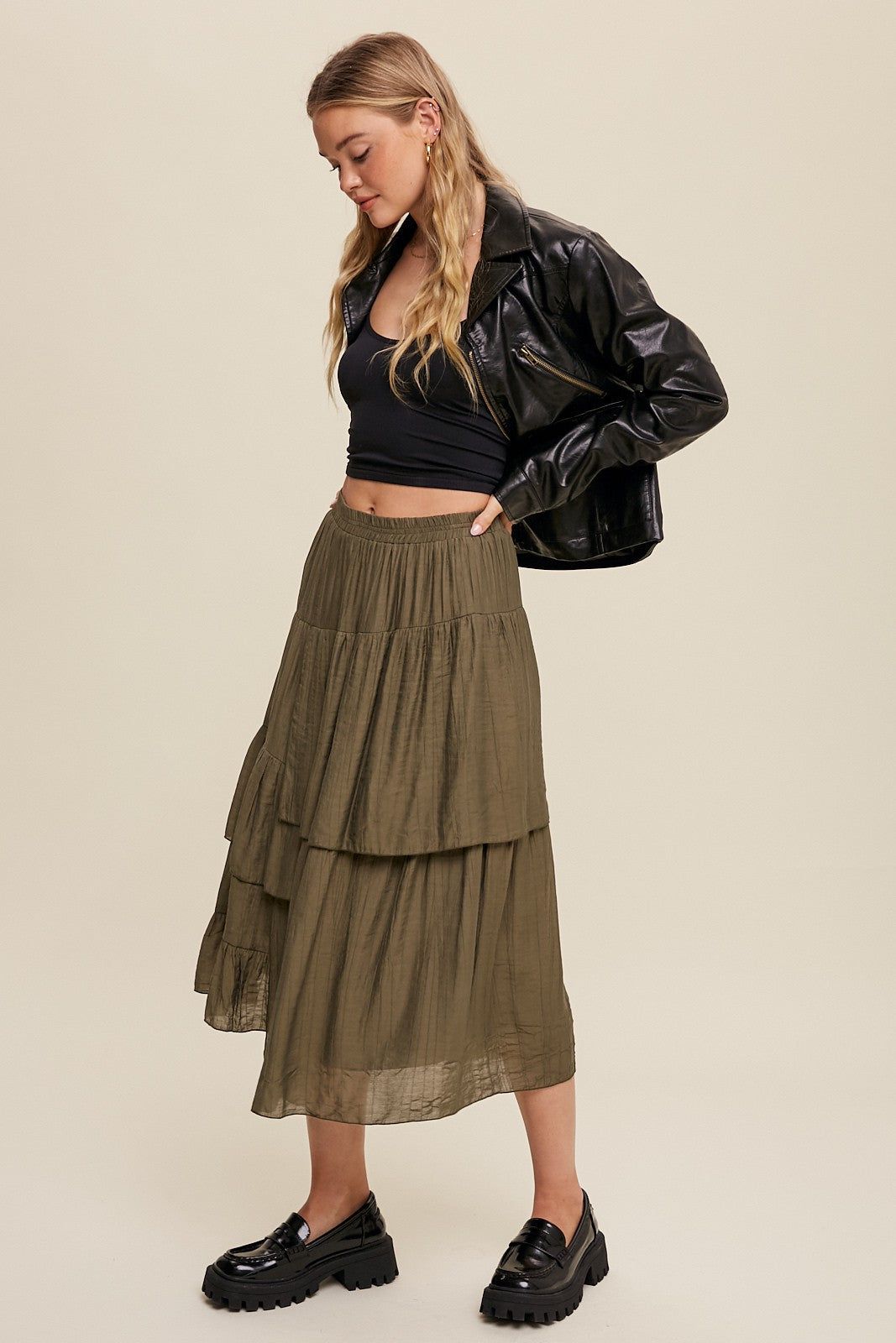 Olive High Waist Asymmetrical Layered Maxi Skirt sold by Pinkblush product image thumbnail 2