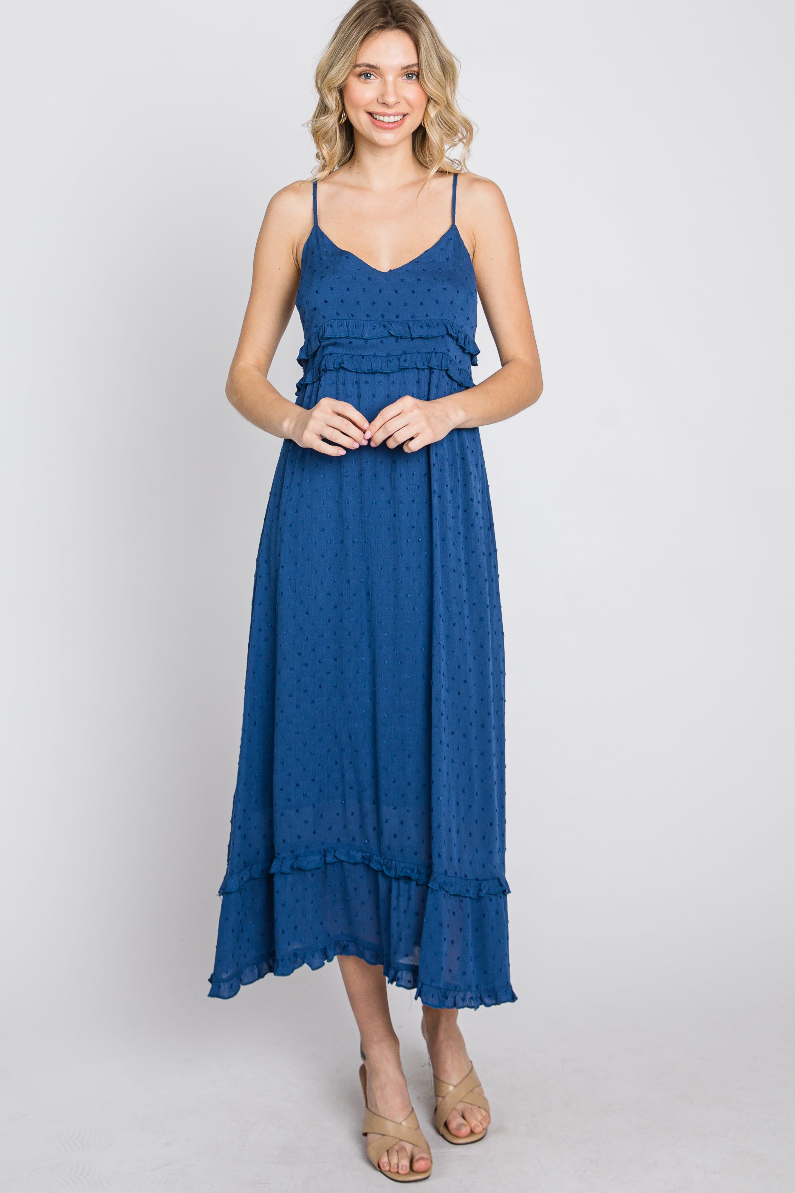 Navy Swiss Dot Ruffle Accent Maxi Dress sold by Pinkblush product image thumbnail 5