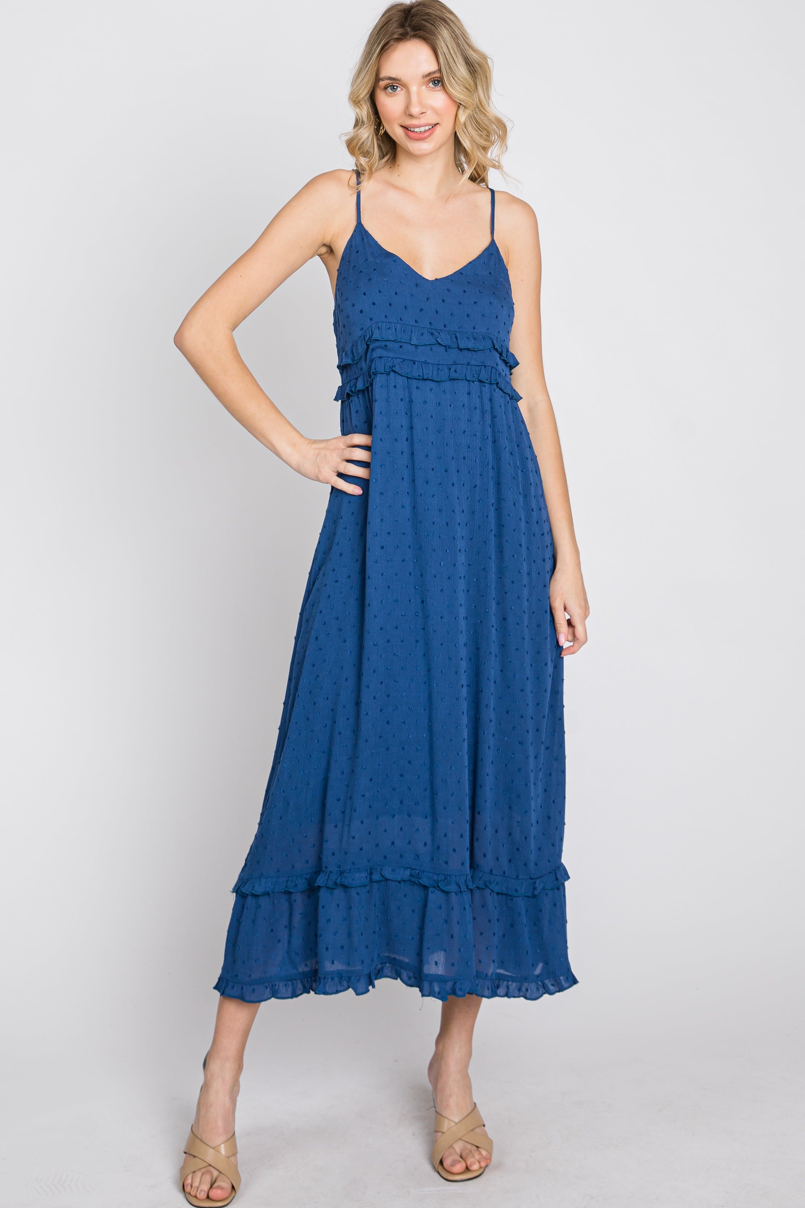 Navy Swiss Dot Ruffle Accent Maxi Dress sold by Pinkblush product image thumbnail 2