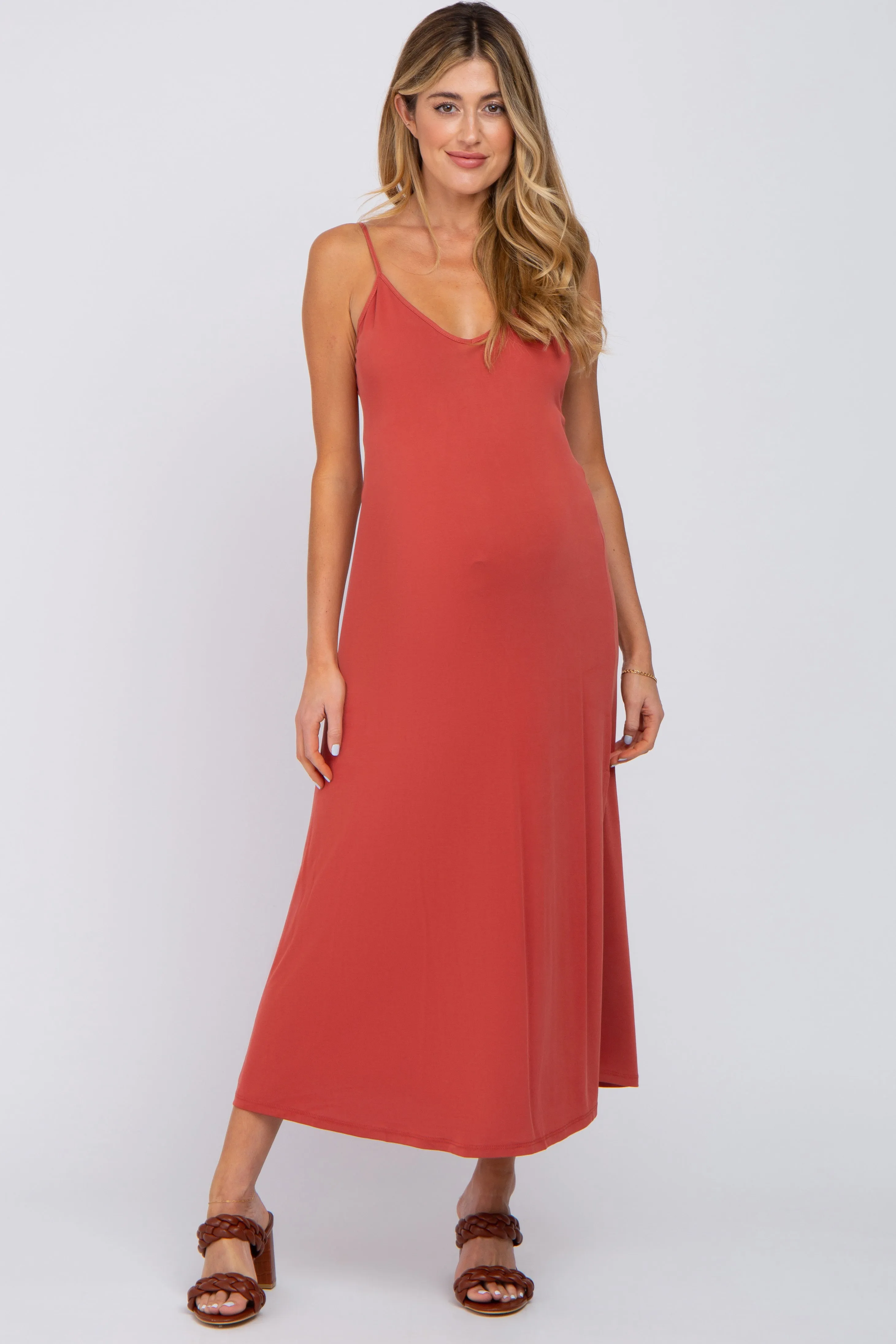 Rust V-Neck Criss Cross Back Side Slit Maternity Midi Dress sold by Pinkblush