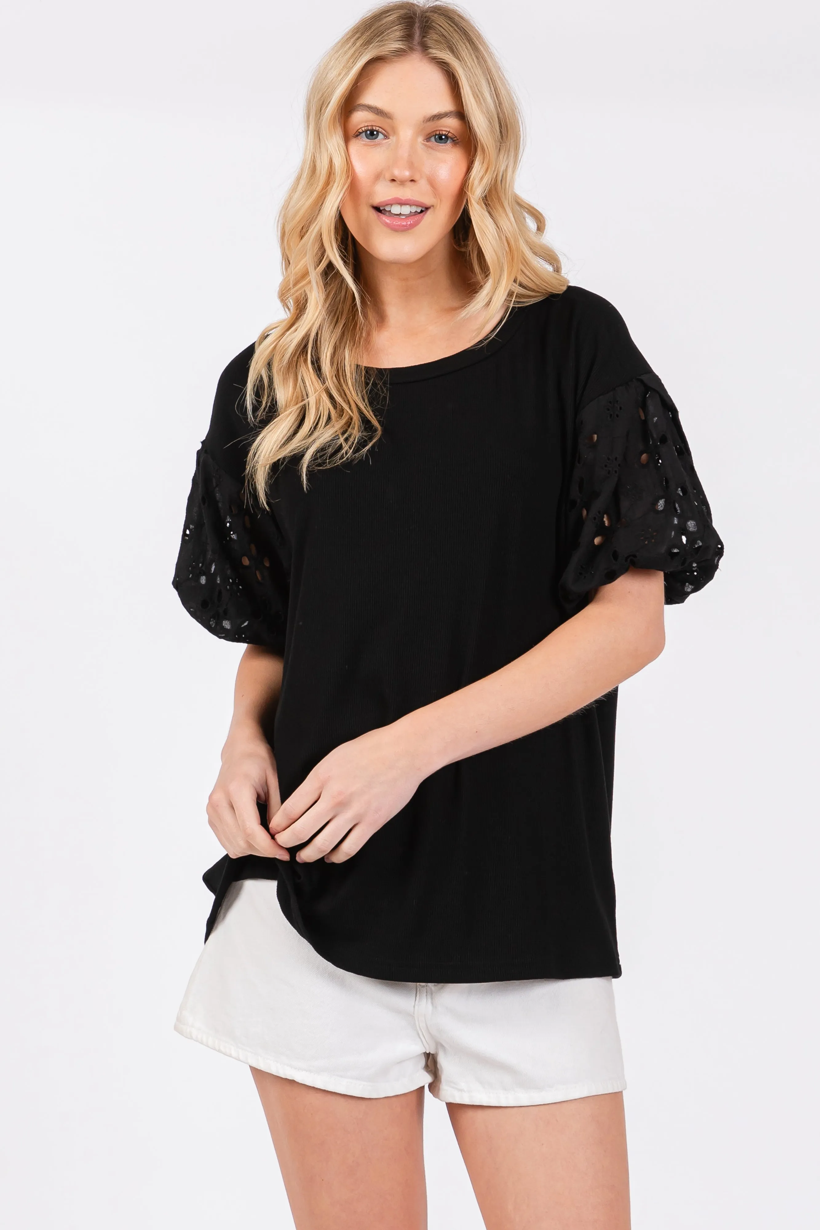 Black Short Puff Eyelet Lace Floral Sleeve Top sold by Pinkblush