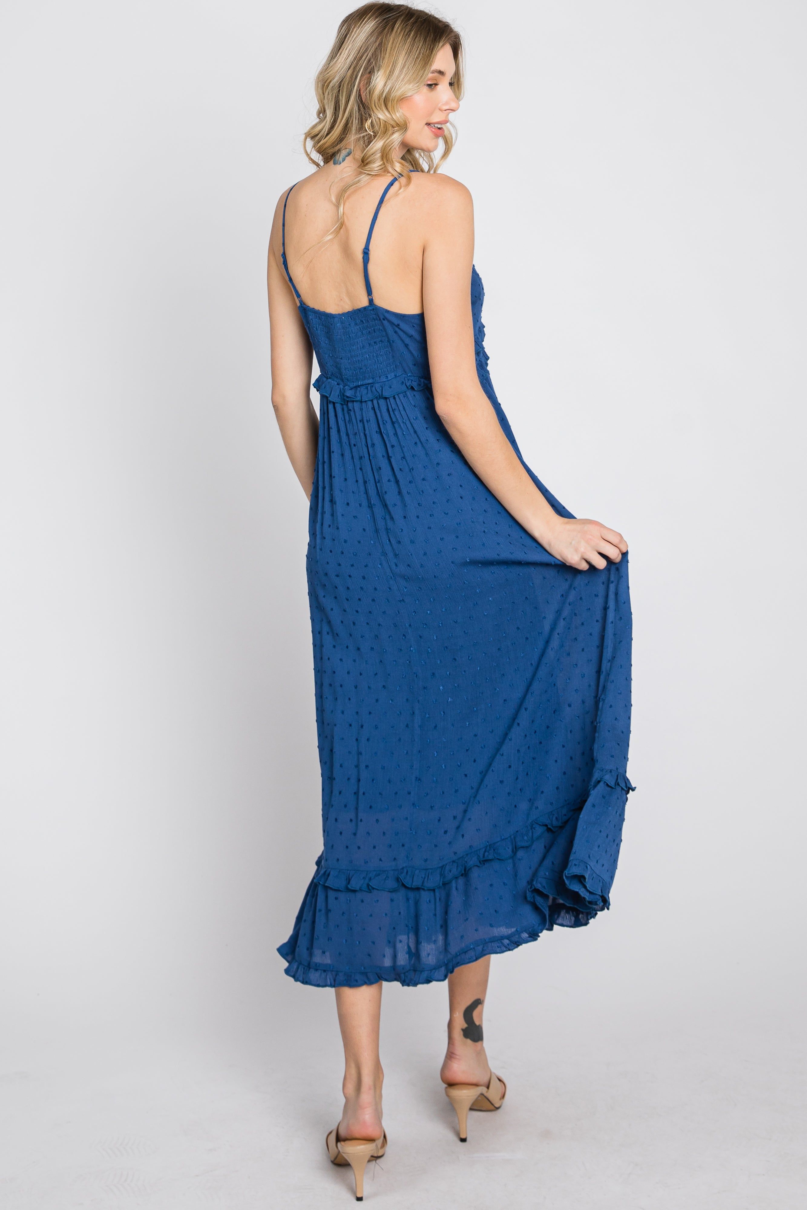 Navy Swiss Dot Ruffle Accent Maxi Dress sold by Pinkblush product image thumbnail 9