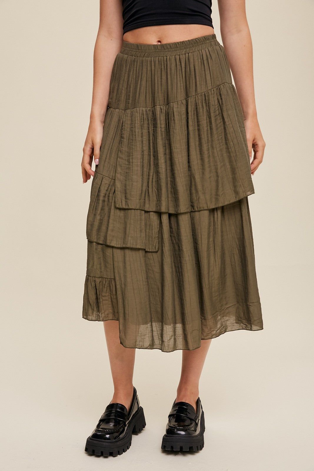 Olive High Waist Asymmetrical Layered Maxi Skirt sold by Pinkblush product image thumbnail 3