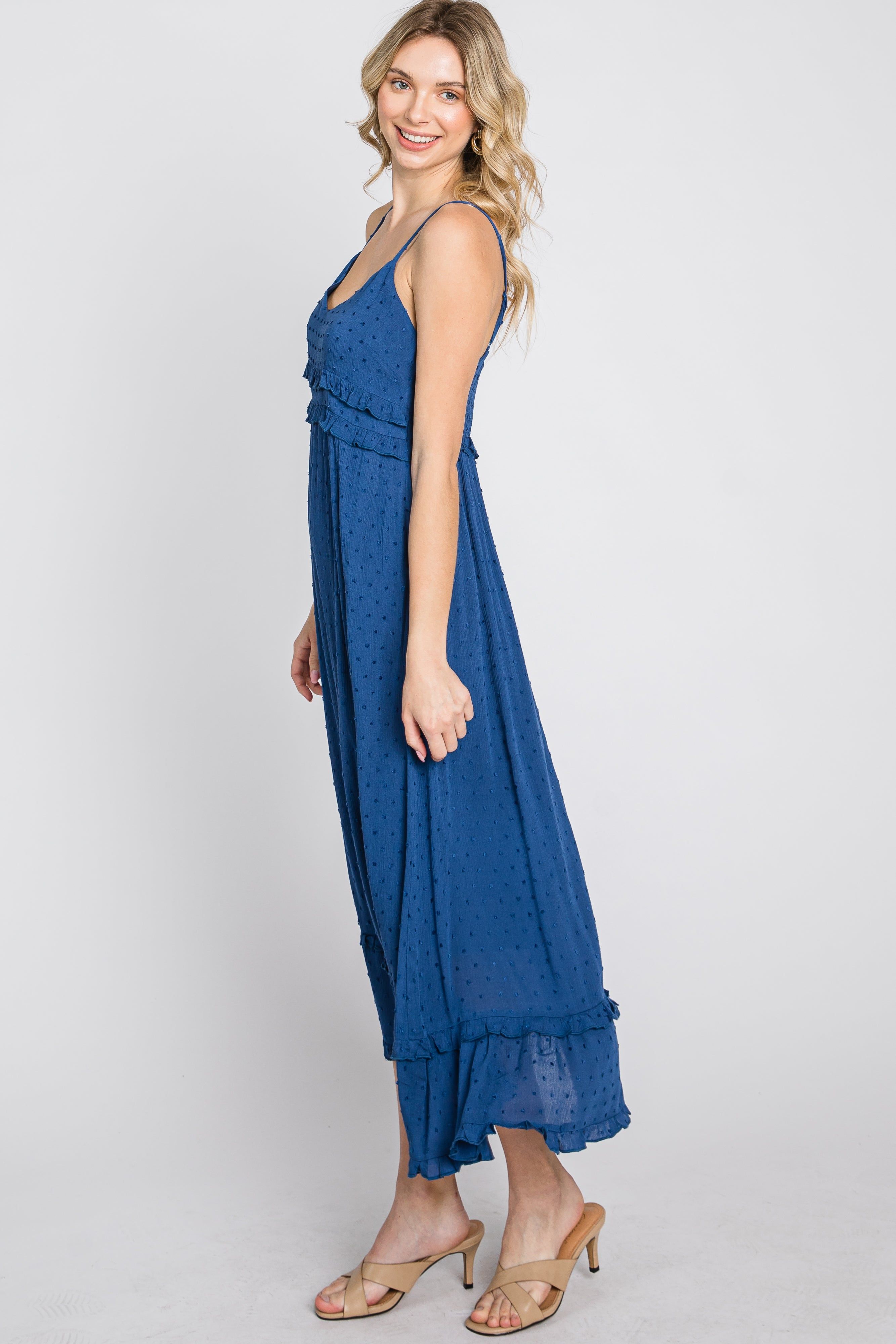 Navy Swiss Dot Ruffle Accent Maxi Dress sold by Pinkblush product image thumbnail 6