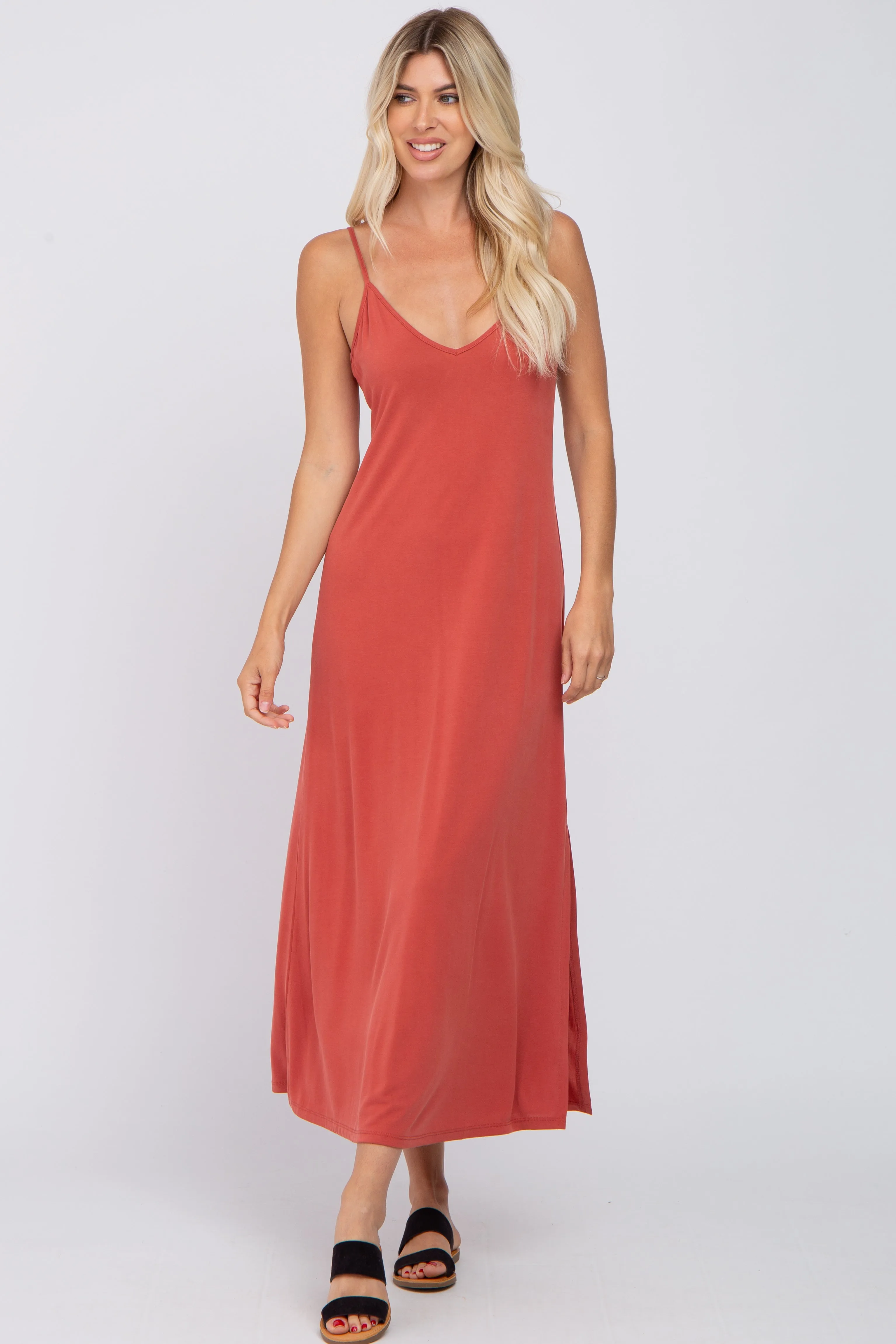 Rust V-Neck Criss Cross Back Side Slit Maternity Midi Dress sold by Pinkblush product image thumbnail 5