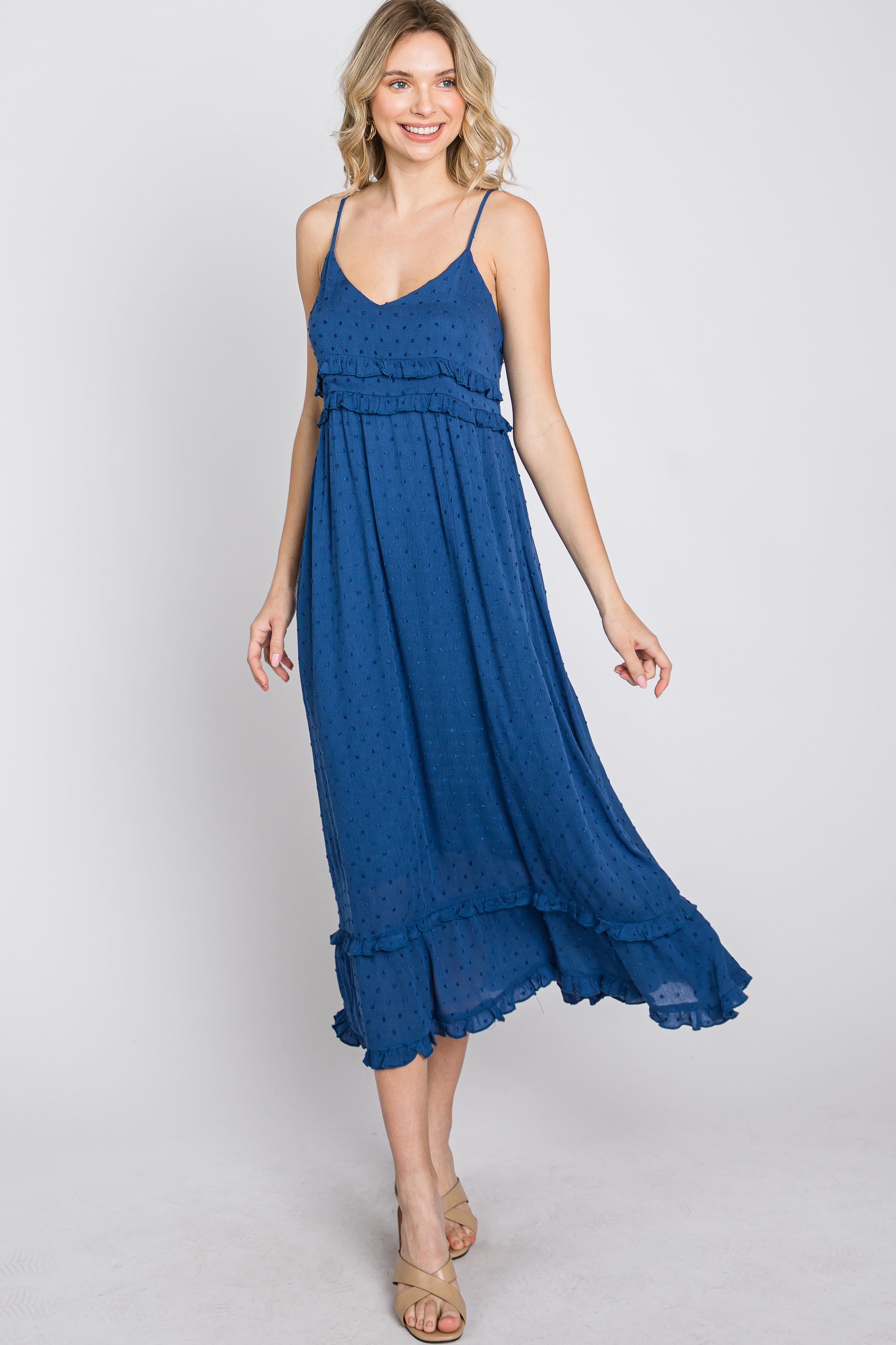 Navy Swiss Dot Ruffle Accent Maxi Dress sold by Pinkblush product image thumbnail 3