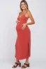 Rust V-Neck Criss Cross Back Side Slit Maternity Midi Dress sold by Pinkblush