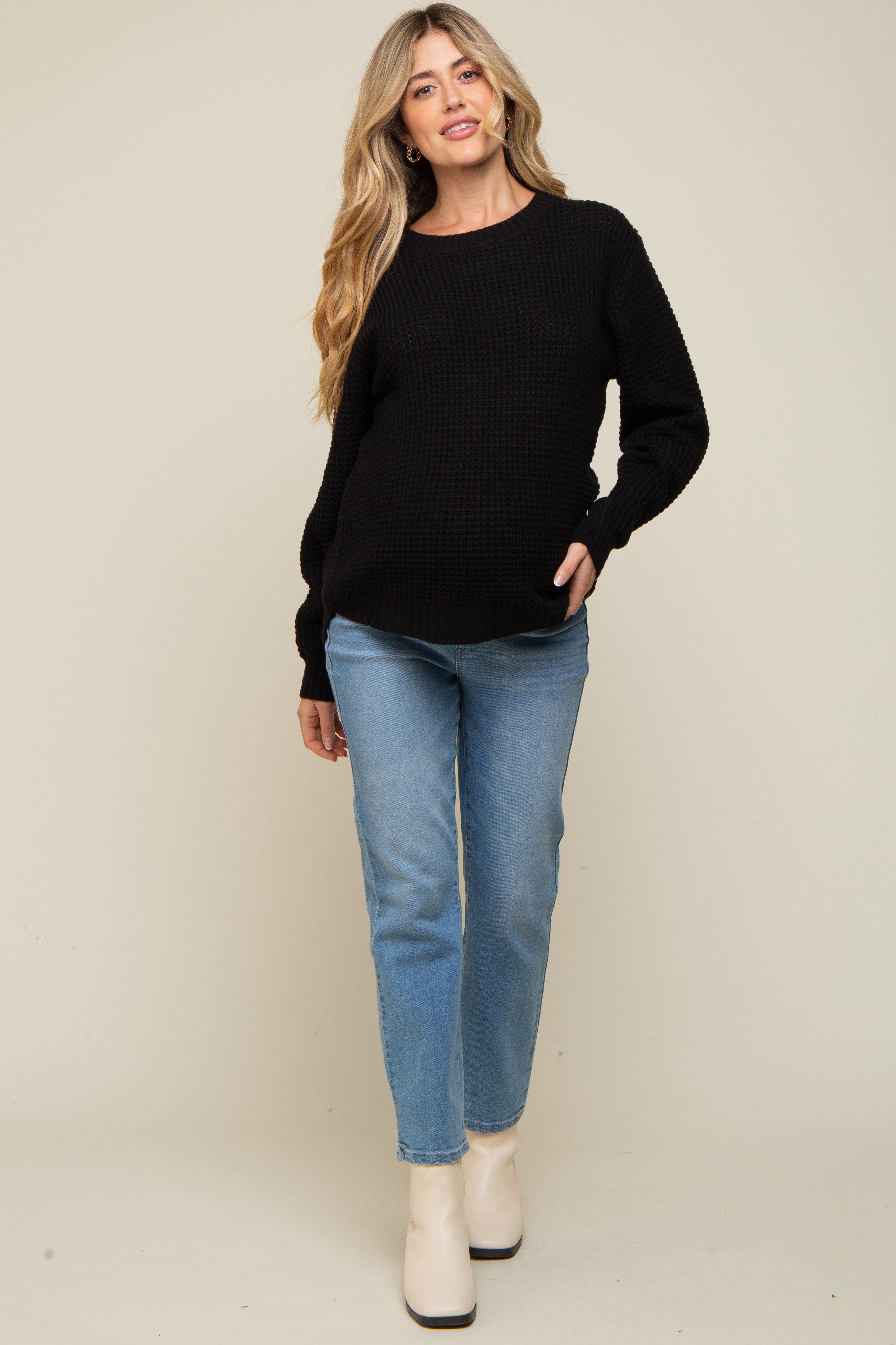 Black Waffle Knit Round Hem Maternity Sweater sold by Pinkblush product image thumbnail 4