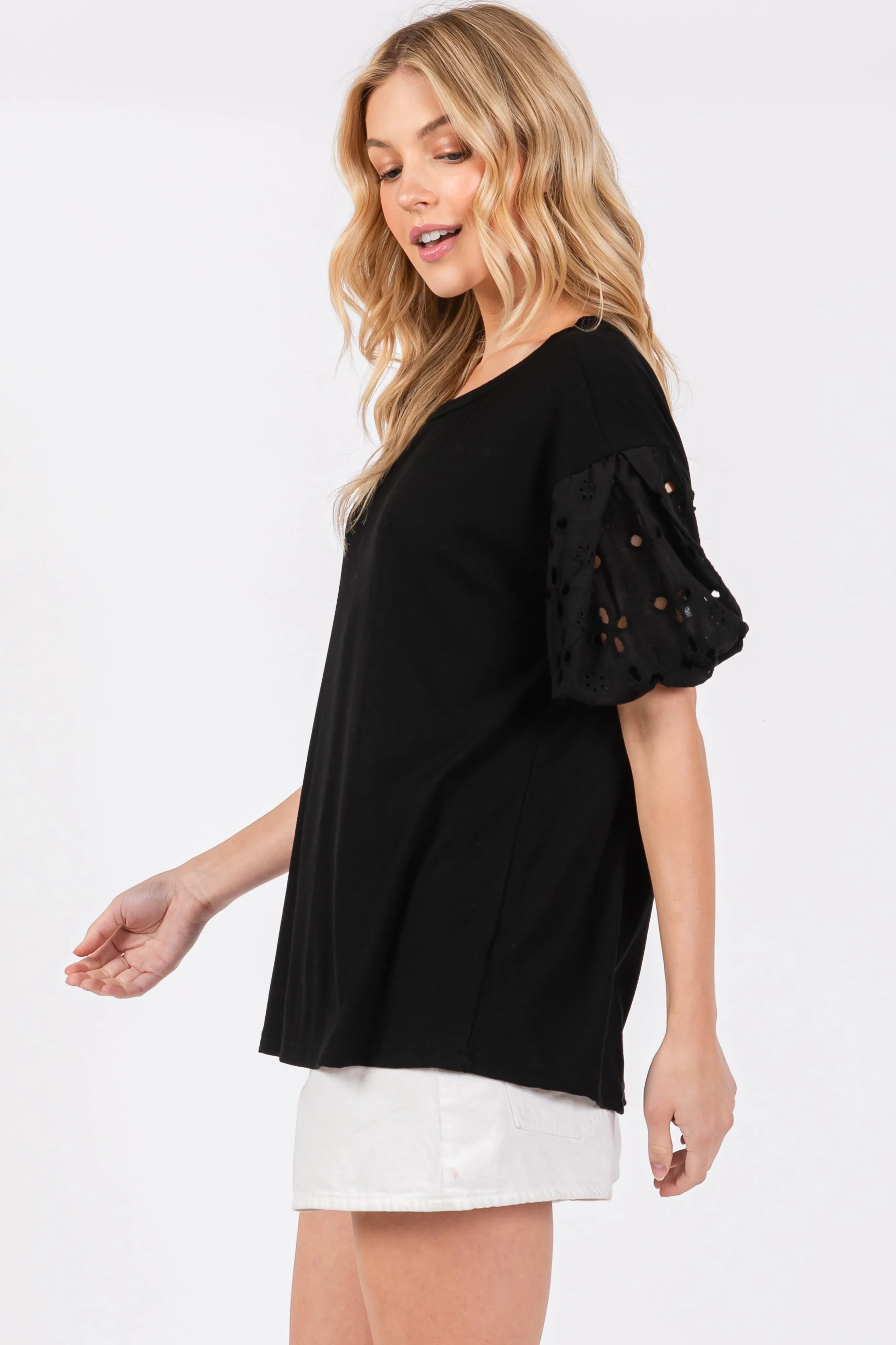 Black Short Puff Eyelet Lace Floral Sleeve Top sold by Pinkblush product image thumbnail 2