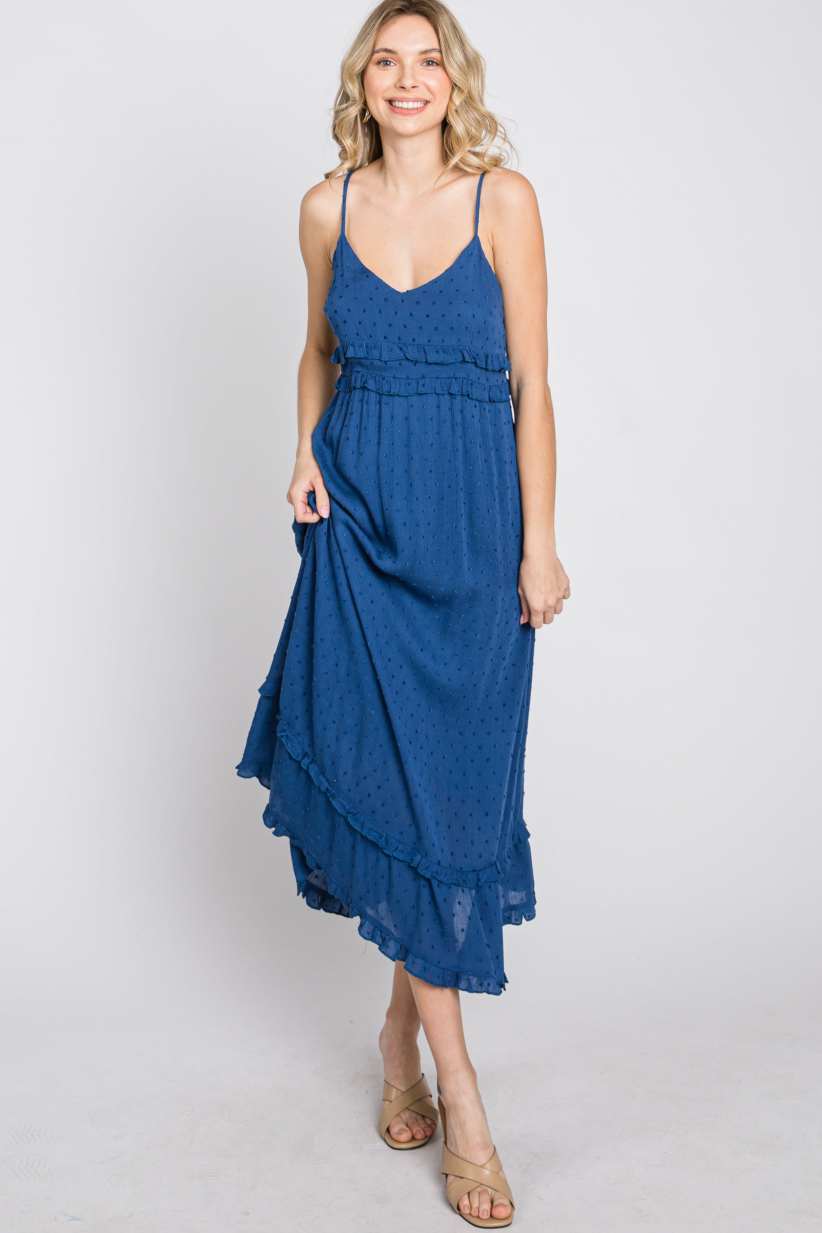 Navy Swiss Dot Ruffle Accent Maxi Dress sold by Pinkblush product image thumbnail 10