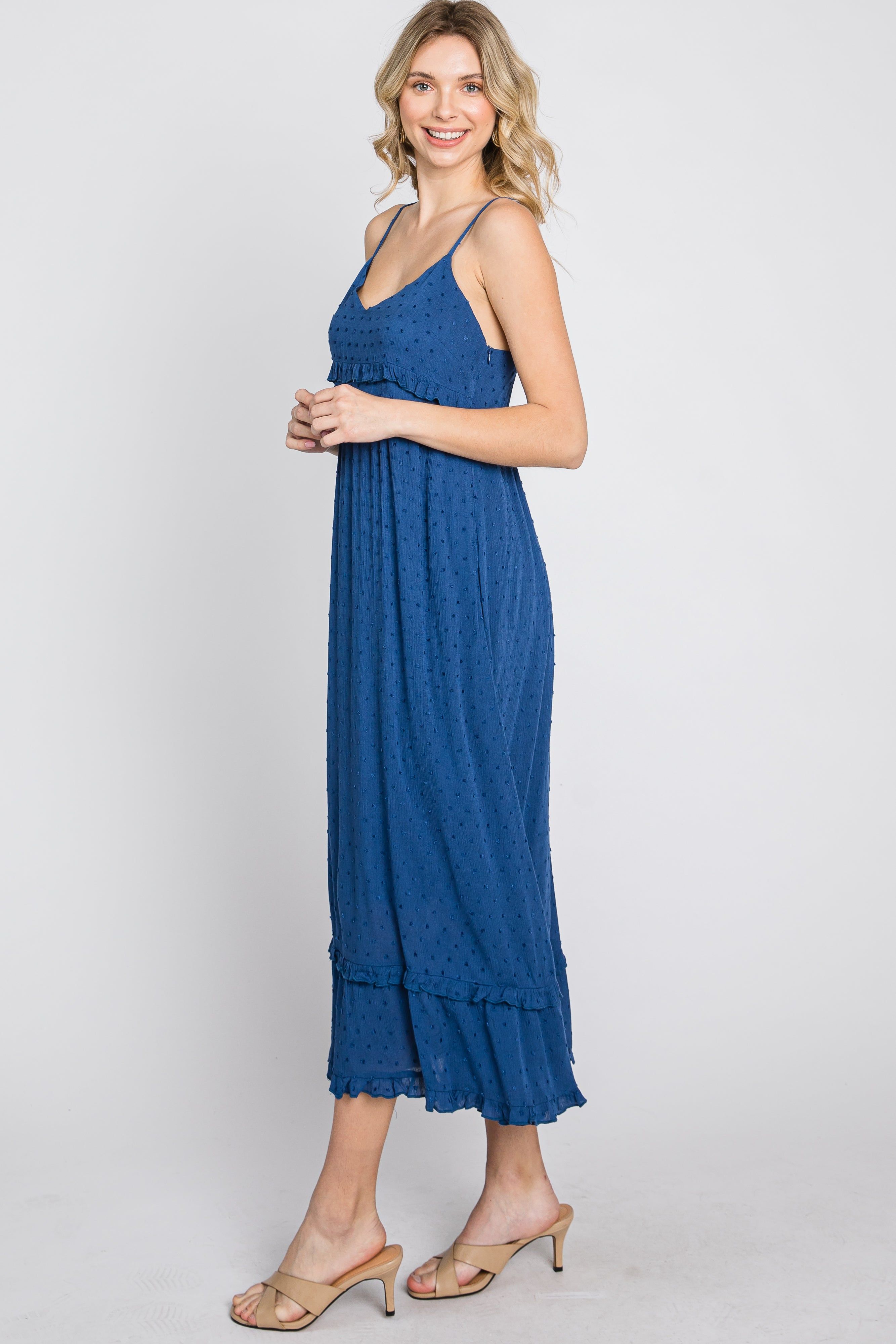 Navy Swiss Dot Ruffle Accent Maxi Dress sold by Pinkblush product image thumbnail 7