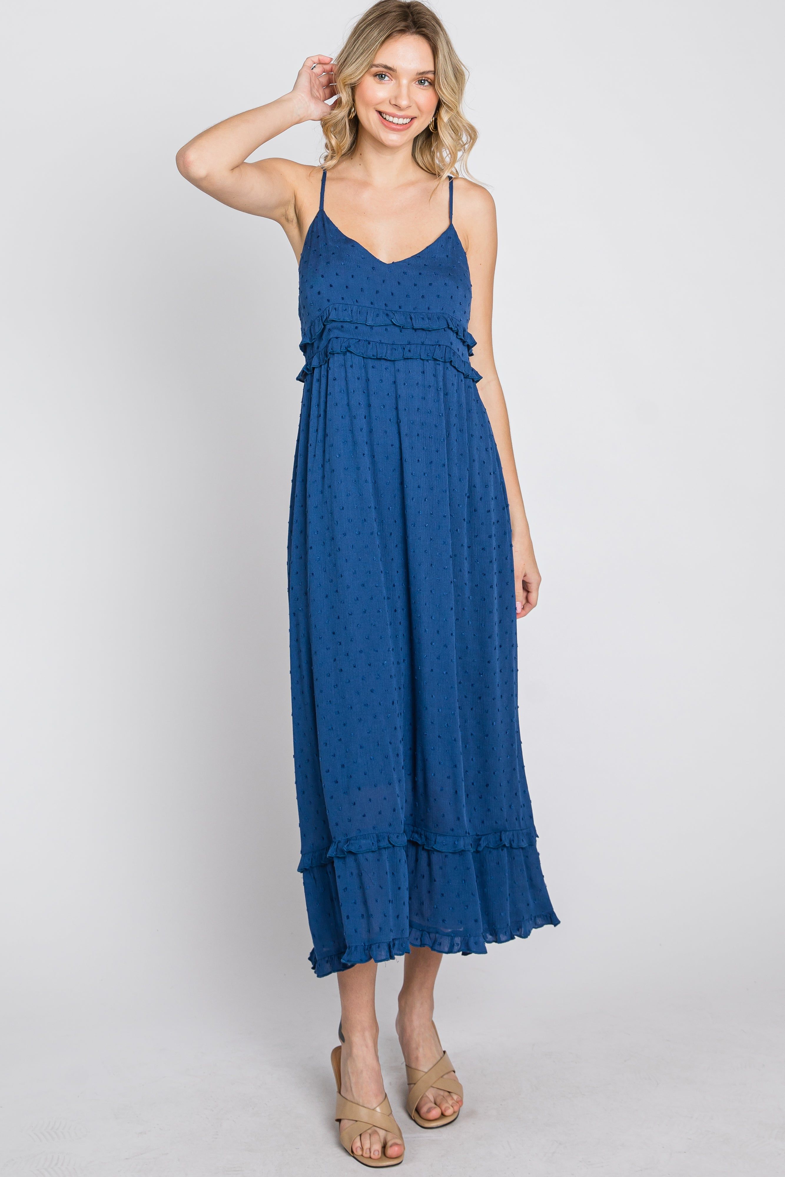 Navy Swiss Dot Ruffle Accent Maxi Dress sold by Pinkblush product image thumbnail 4