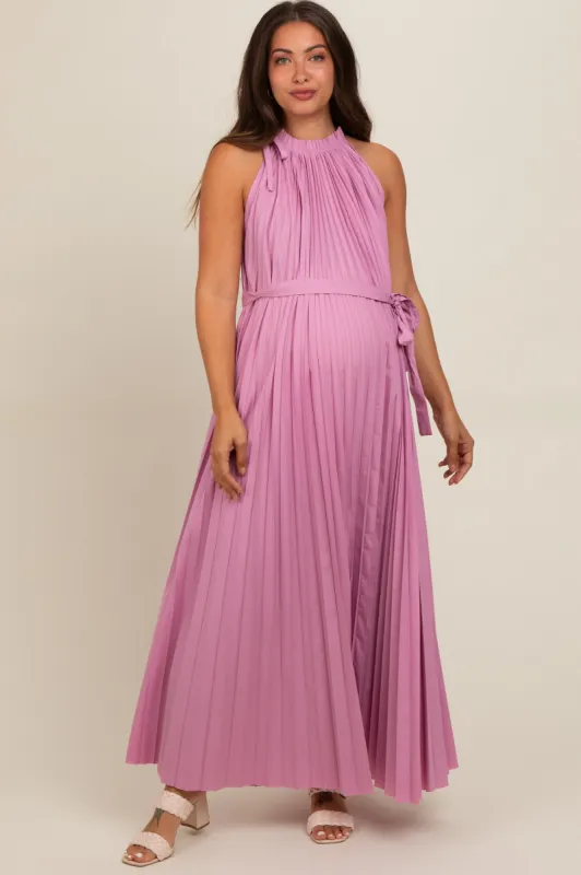 Pink Pleated Empire Tied Waist Maternity Midi Dress sold by Pinkblush