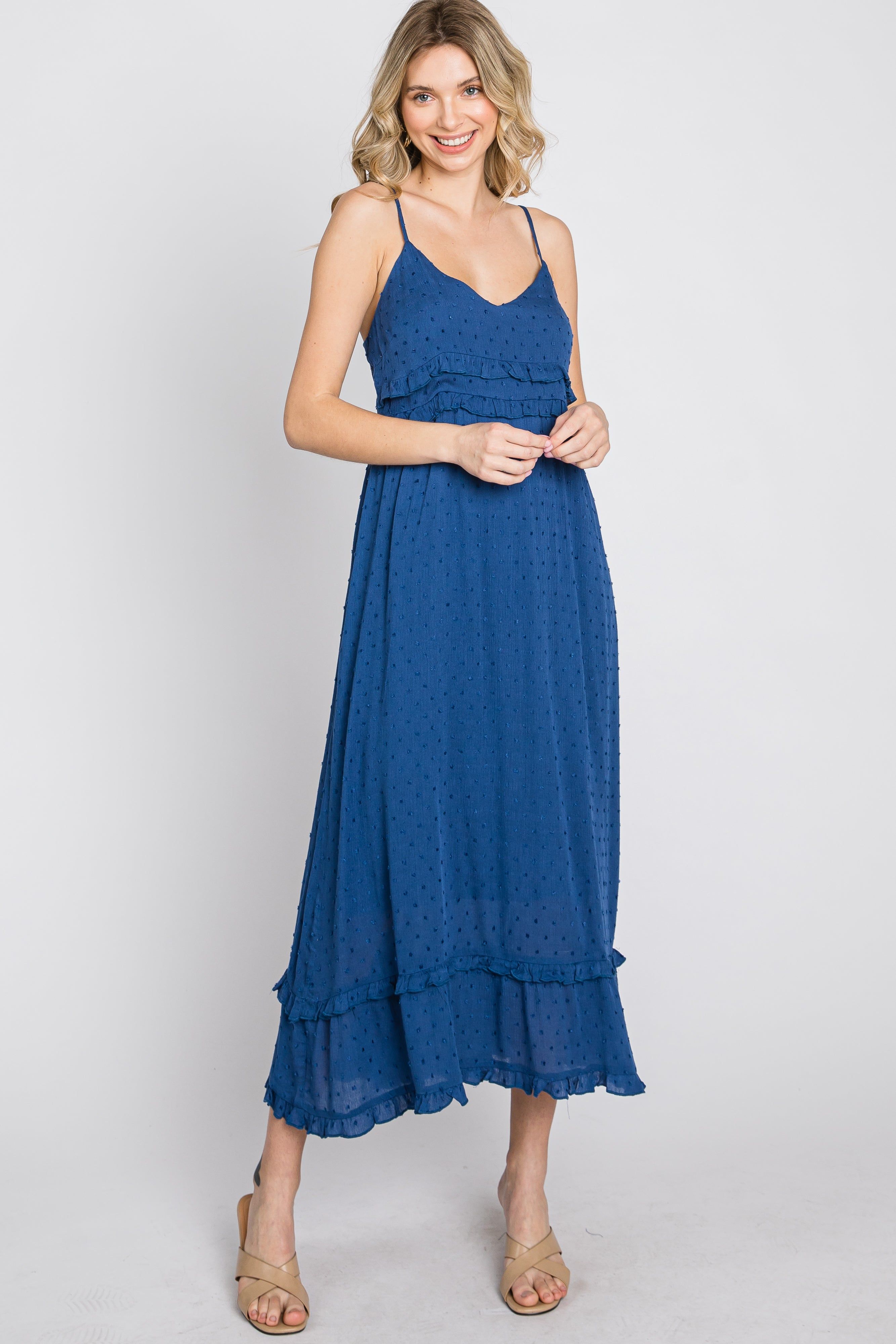 Navy Swiss Dot Ruffle Accent Maxi Dress sold by Pinkblush