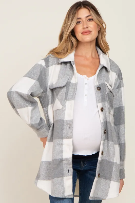 Grey Plaid Brushed Long Maternity Shacket sold by Pinkblush