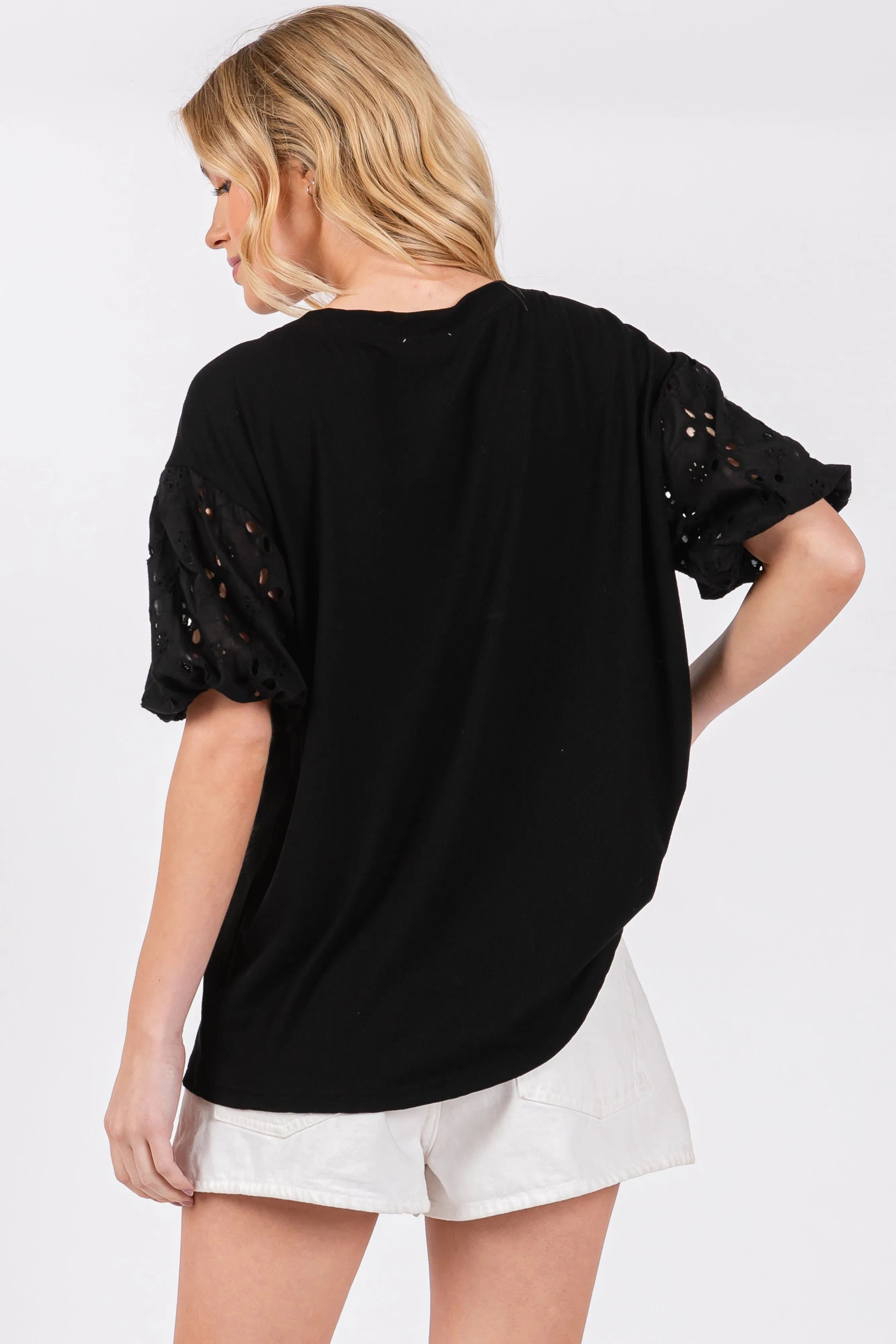 Black Short Puff Eyelet Lace Floral Sleeve Top sold by Pinkblush product image thumbnail 3
