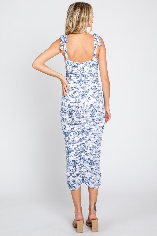 Blue Floral Shoulder Tie Ruched Midi Dress sold by Pinkblush product image thumbnail 3