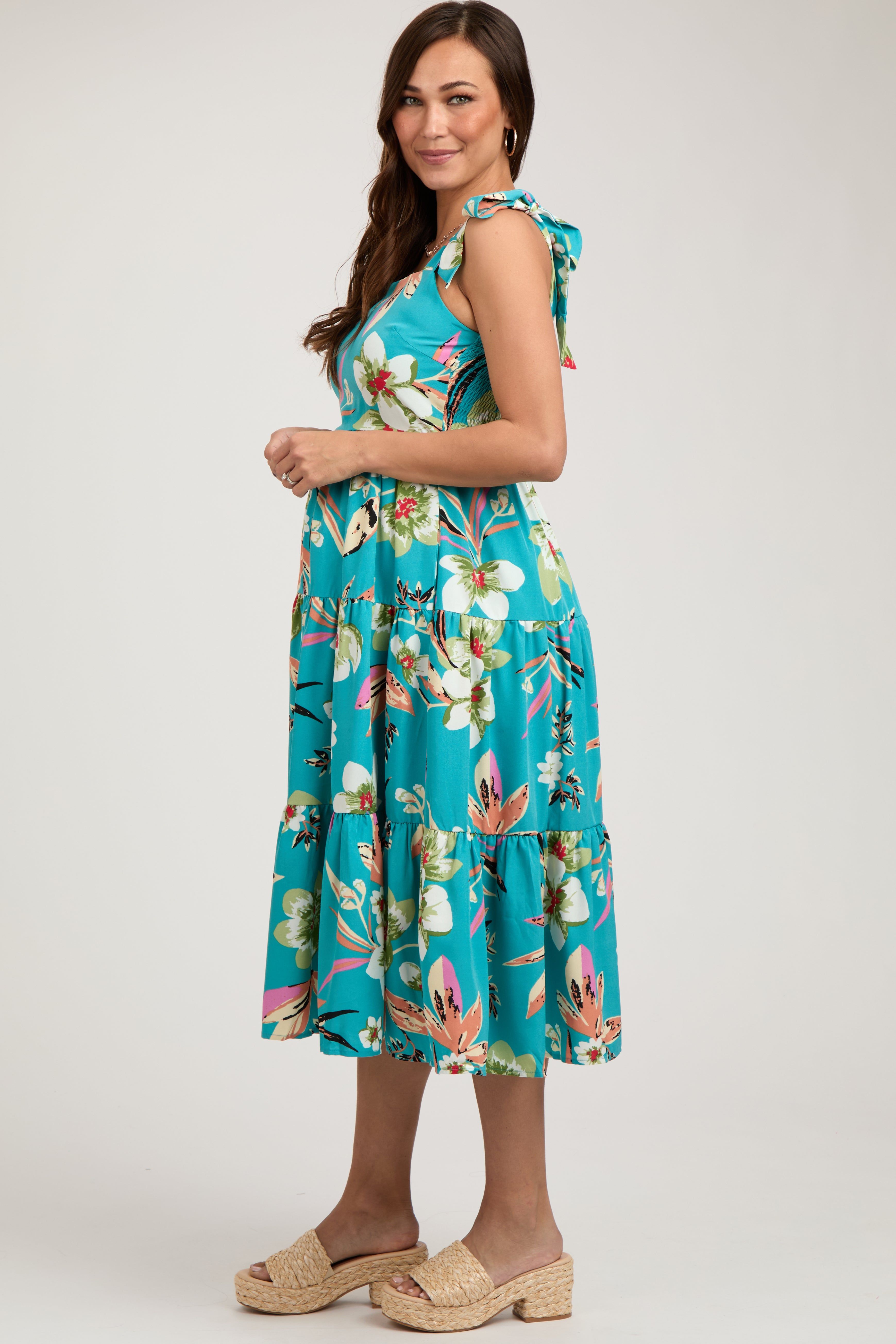 Turquoise Sleeveless Floral Tiered Maternity Midi Dress sold by Pinkblush product image thumbnail 3