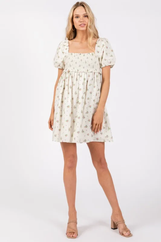 Ivory Floral Puff Short Sleeve Mini Dress sold by Pinkblush
