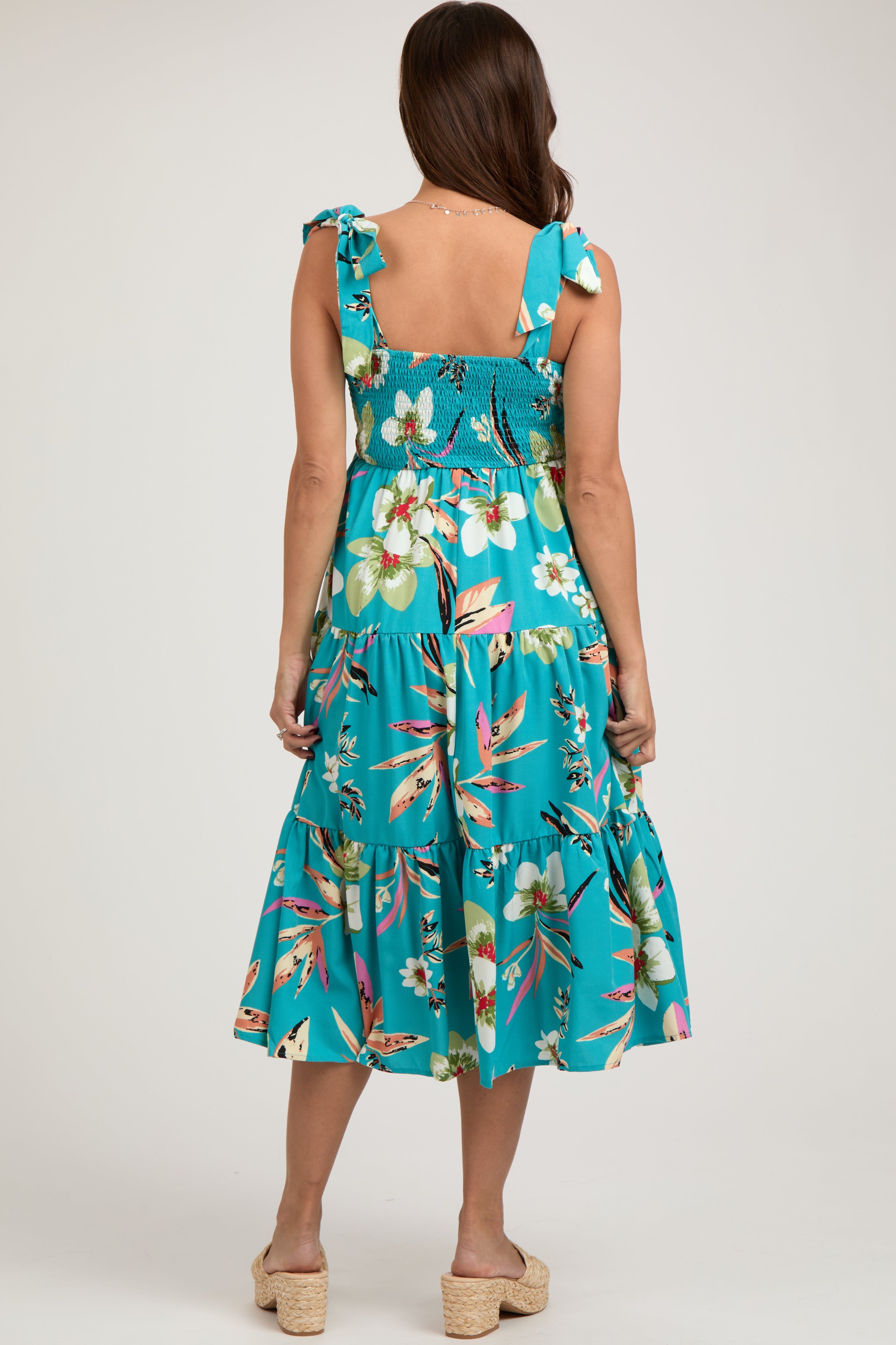 Turquoise Sleeveless Floral Tiered Maternity Midi Dress sold by Pinkblush product image thumbnail 4