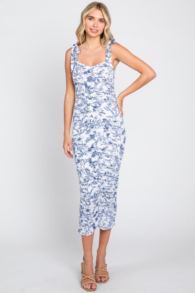 Blue Floral Shoulder Tie Ruched Midi Dress sold by Pinkblush