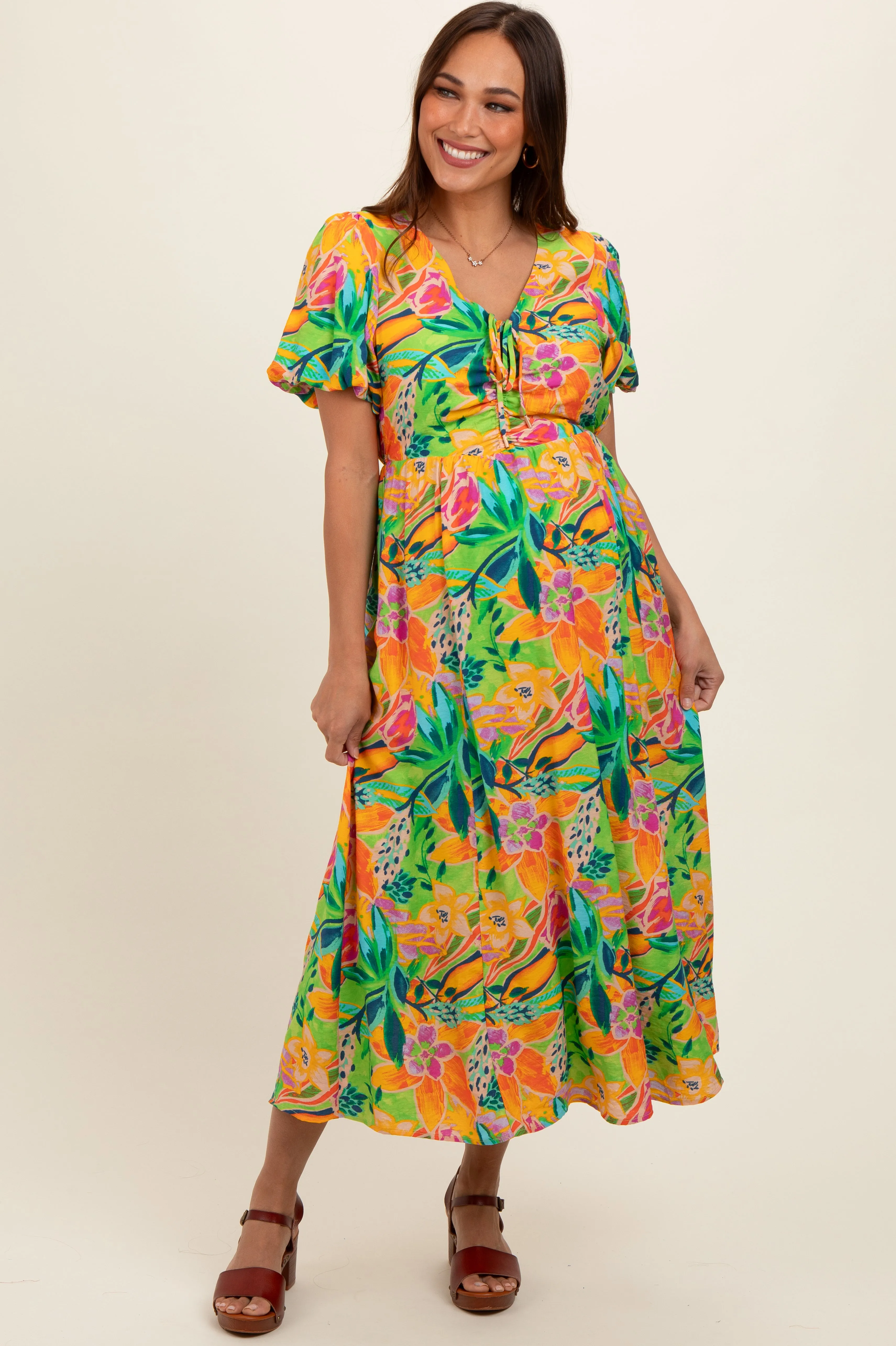Lime Floral Puff Sleeve Maternity Midi Dress sold by Pinkblush product image thumbnail 2